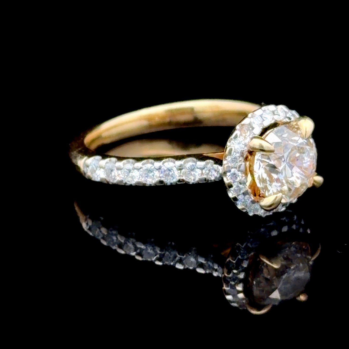 18K Yellow Gold Diamond Halo Ring With Champagne Centre and Diamonds To Shoulders APPX Centre: 1.0 CTS