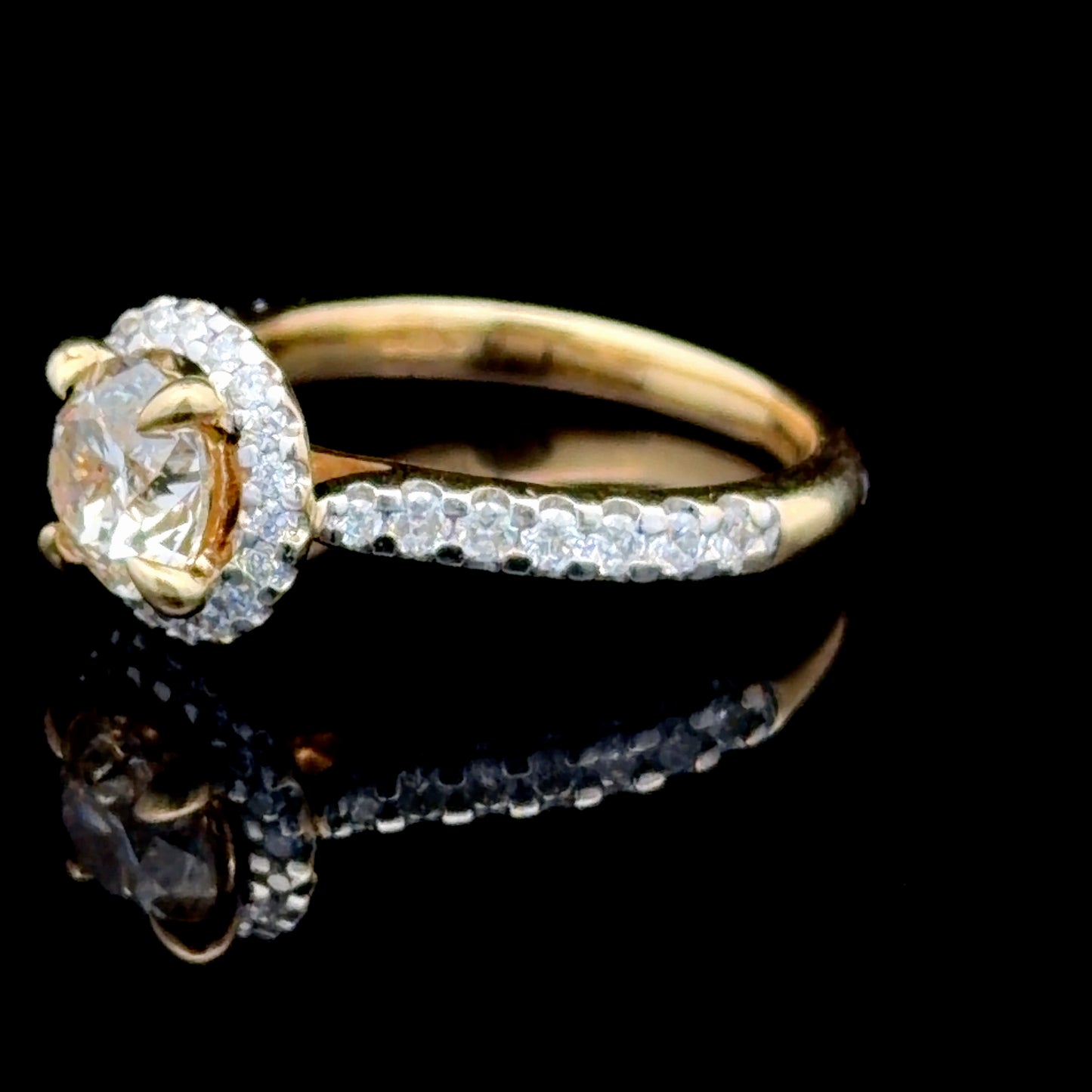 18K Yellow Gold Diamond Halo Ring With Champagne Centre and Diamonds To Shoulders APPX Centre: 1.0 CTS
