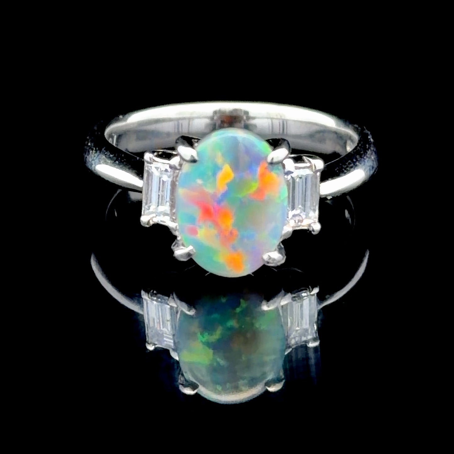 Platinum Australian Opal & Baguette Diamond Ring APPX 0.25 CTS