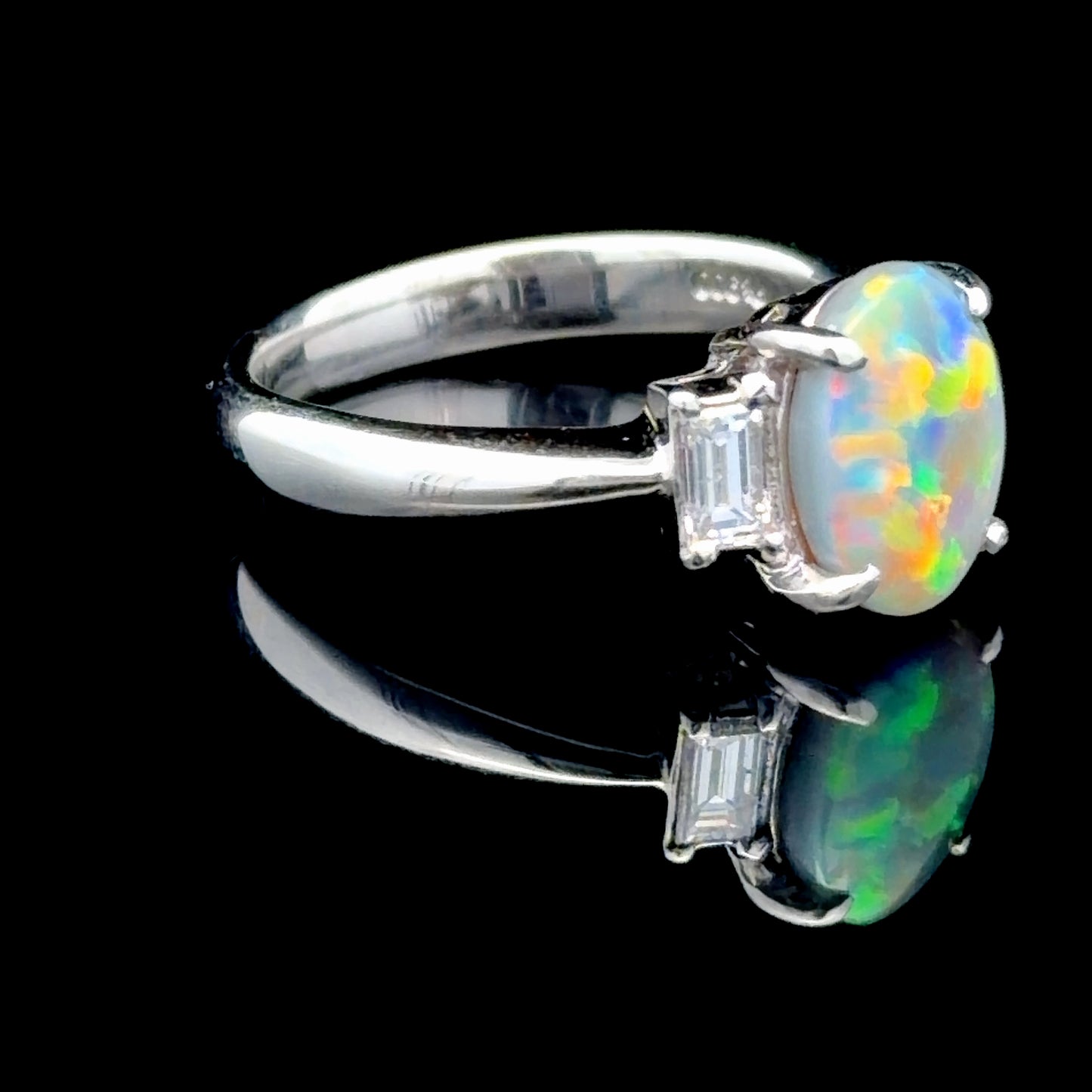 Platinum Australian Opal & Baguette Diamond Ring APPX 0.25 CTS