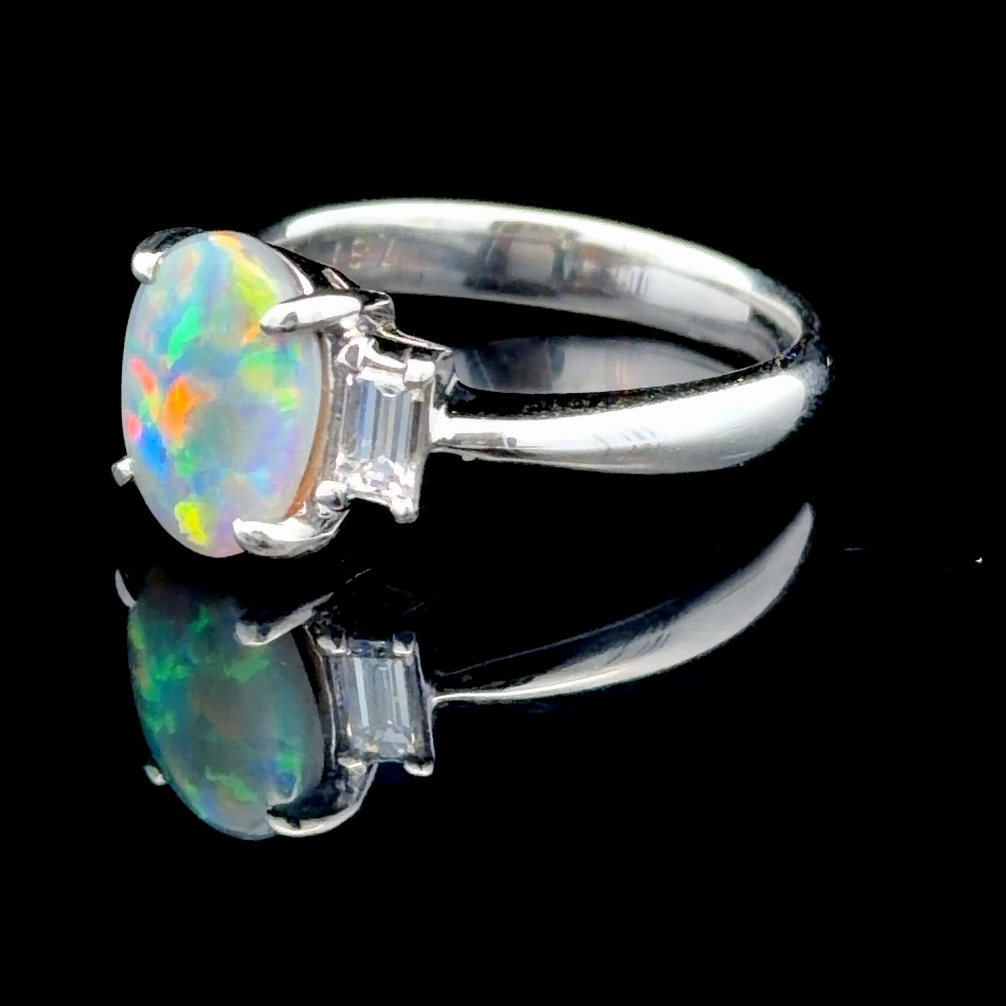 Platinum Australian Opal & Baguette Diamond Ring APPX 0.25 CTS