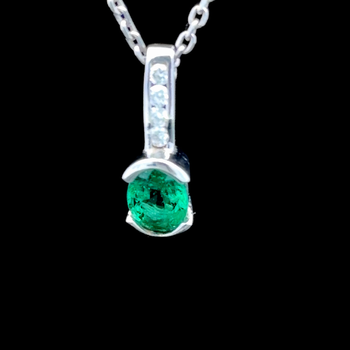 A Very Pretty Platinum Emerald & Diamond Pendant Suspended On A Platinum Chain 18 Inches Long Emerald Appx. 0.5 Cts