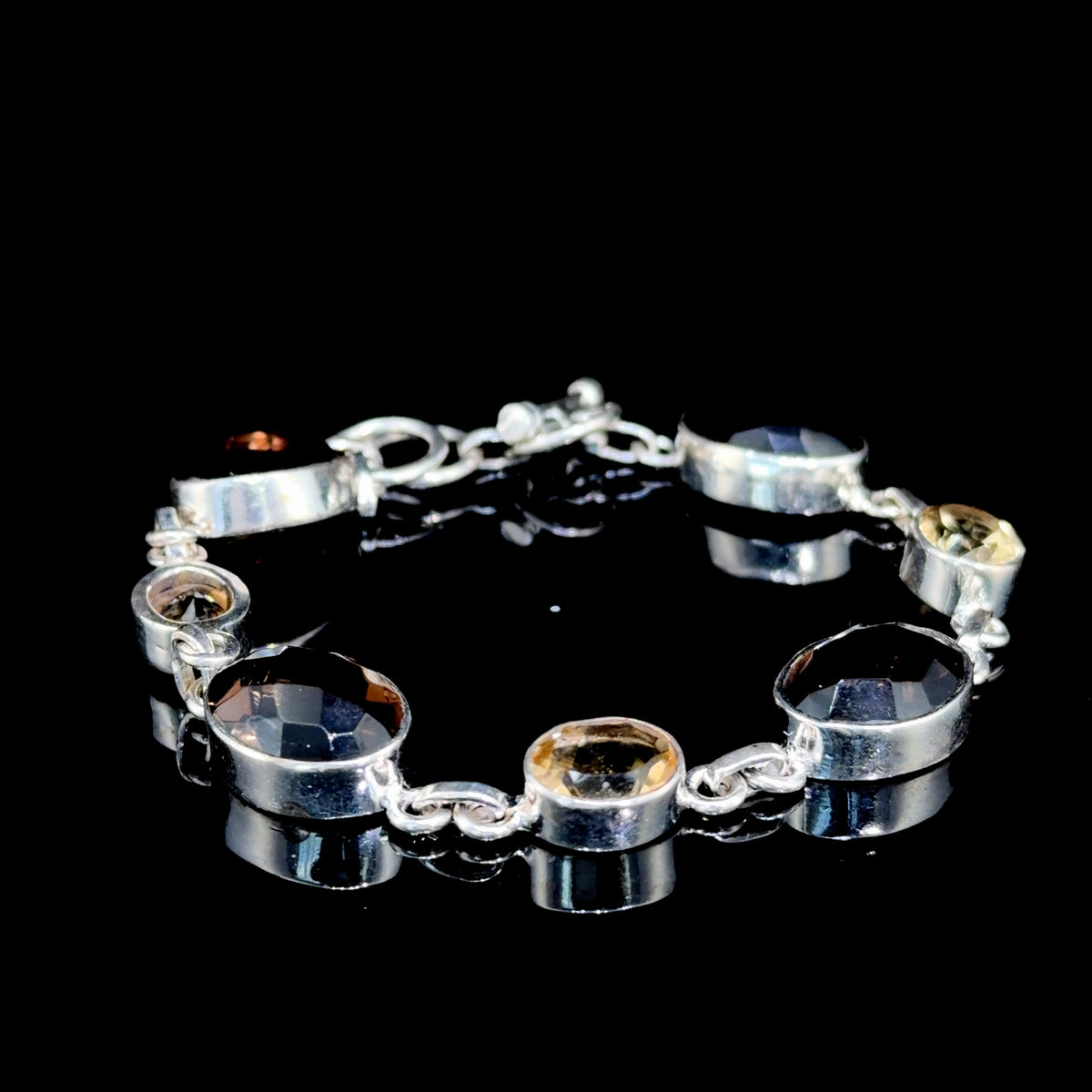 Very Pretty Silver Smokey Quartz & Citrine Bracelet With T Bar Clasp