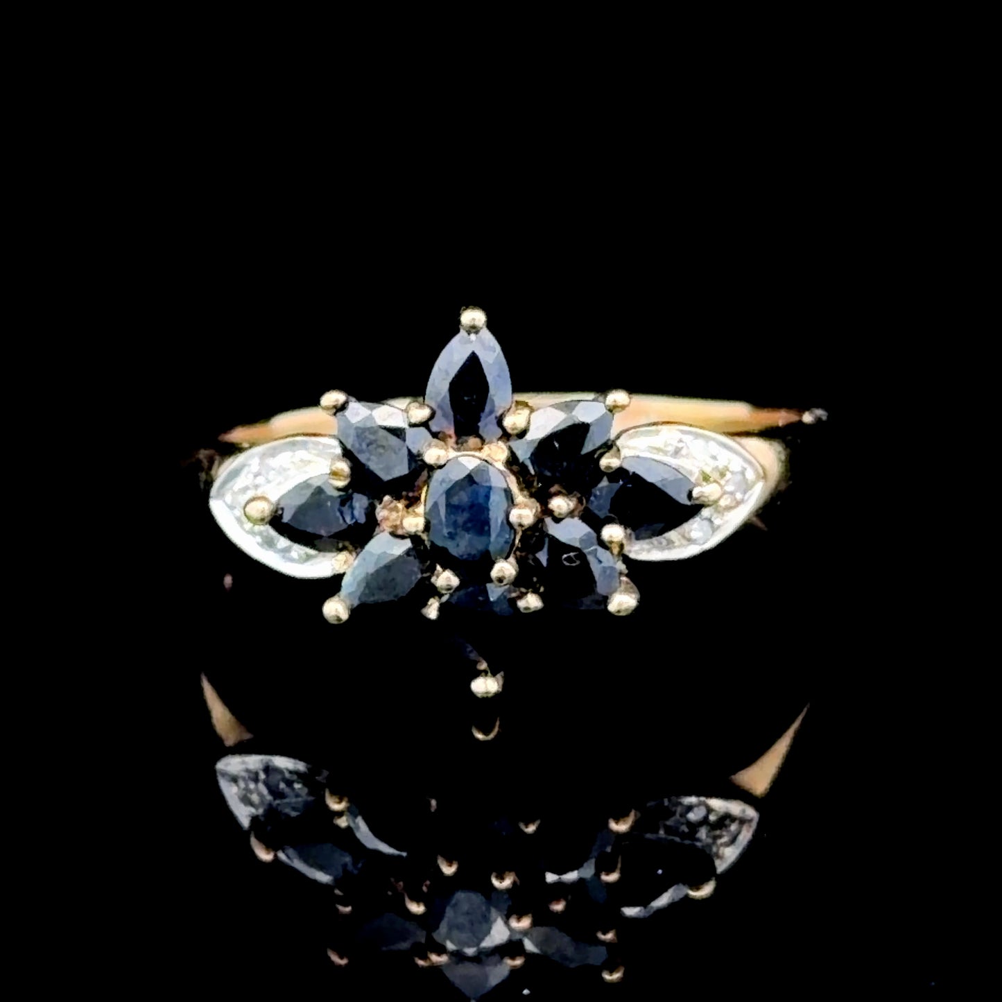 9k Yellow Gold Sapphire & Diamond Flower Ring