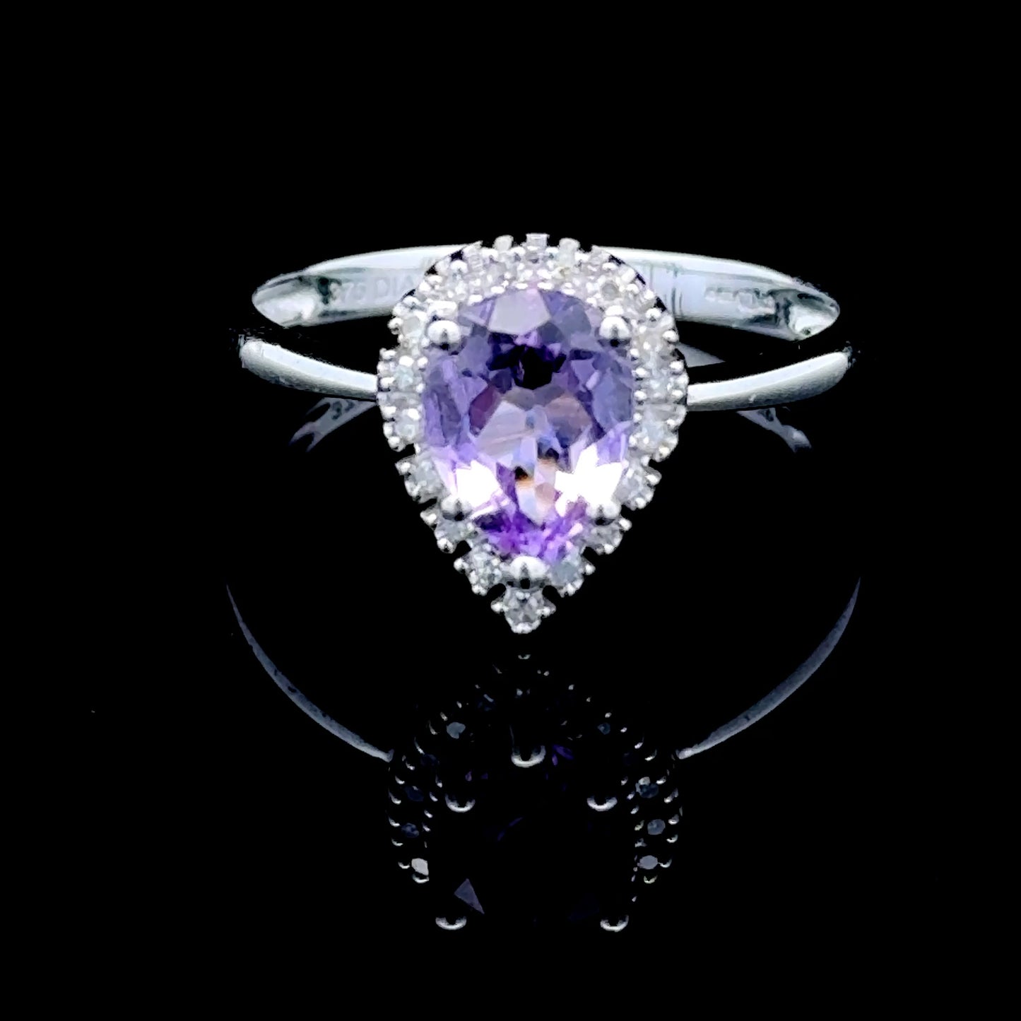 9K White Gold Pear Amethyst & Diamond Ring