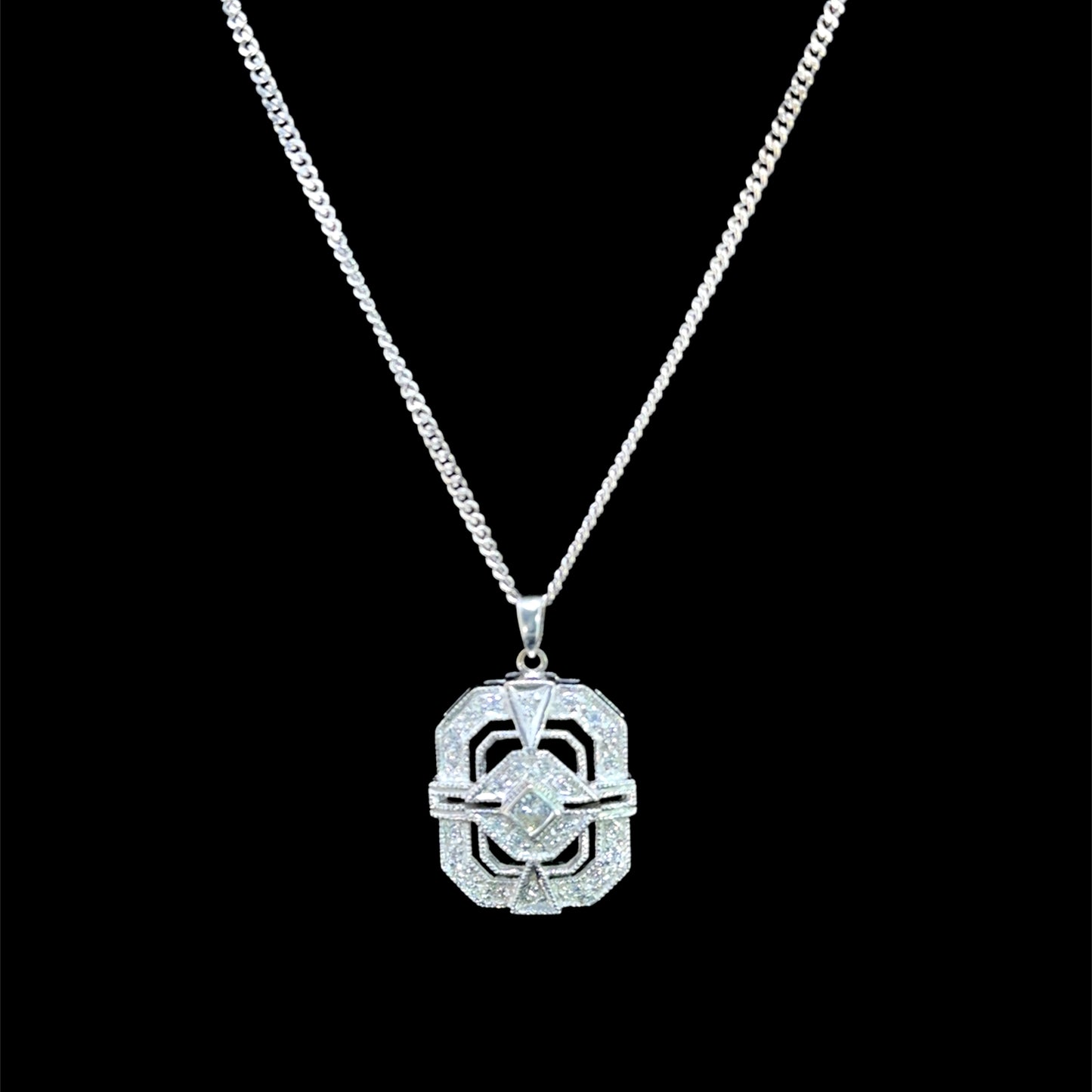 18k White Gold Deco Style Rectangular Diamond Pendant & Chain Appx 0.5 Cts