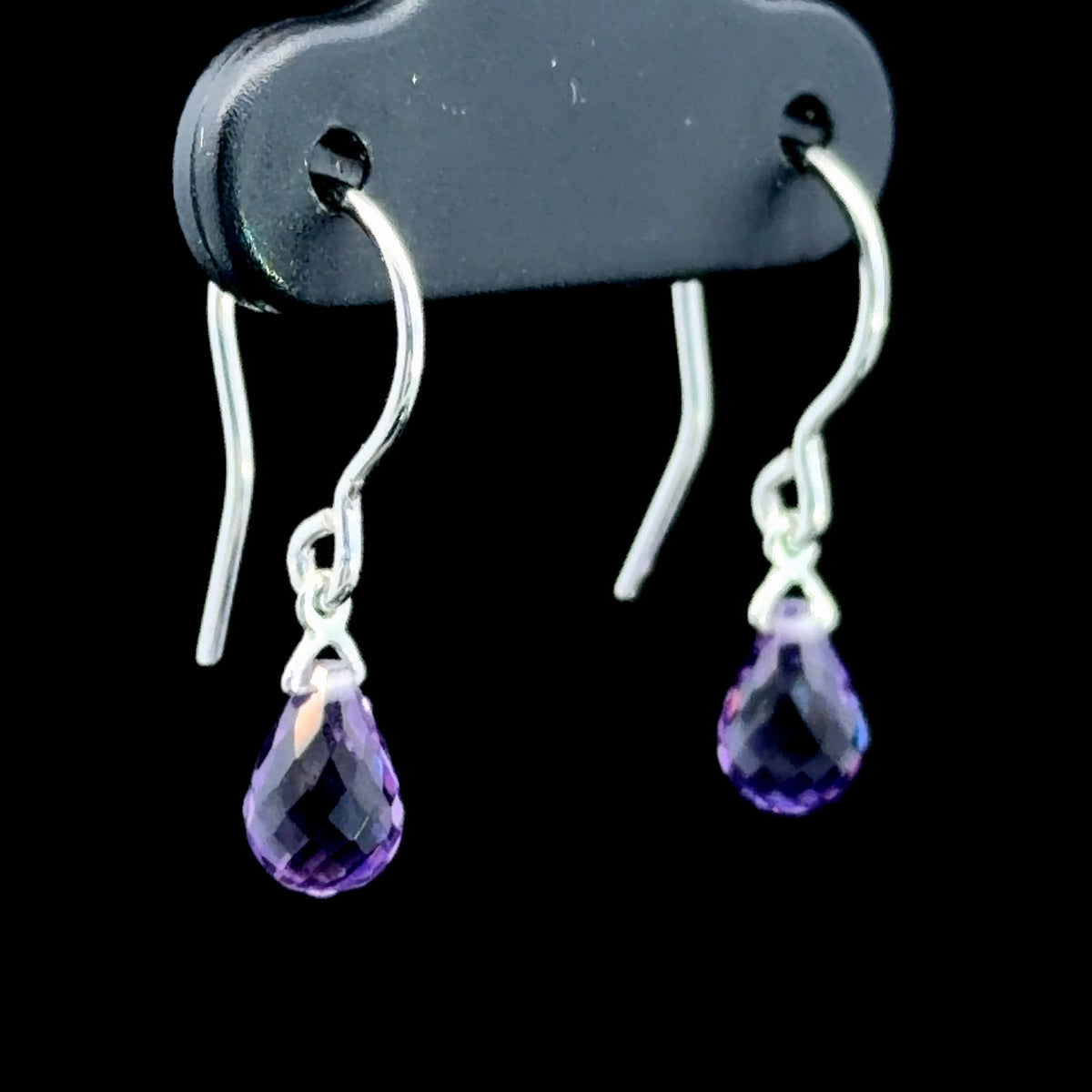 Sweet 9k White Gold Amethyst Briolette Cut Drop Earrings With A Hook Back