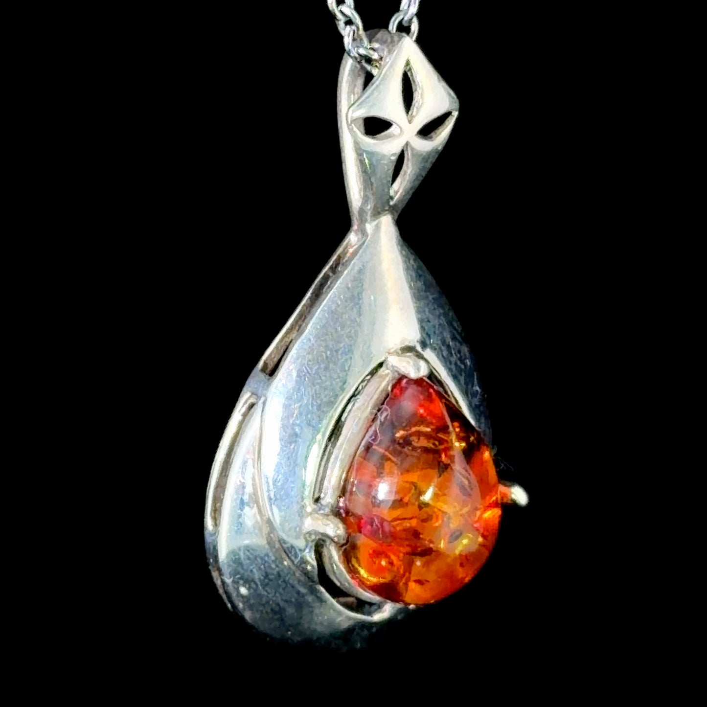 Silver & Pear Amber Drop Pendant