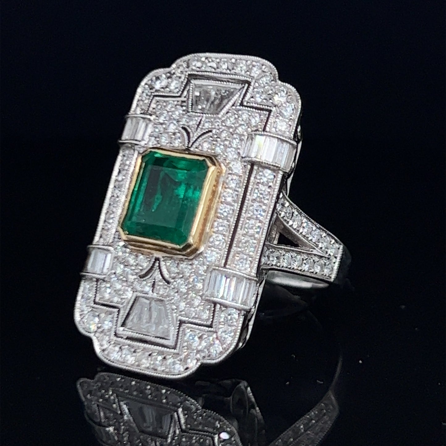 Spectacular 18k White Gold Diamond & Muzo Emerald Deco Style Ring Dia 2.0 Cts Emerald 2.0 Cts With Safeguard certification.