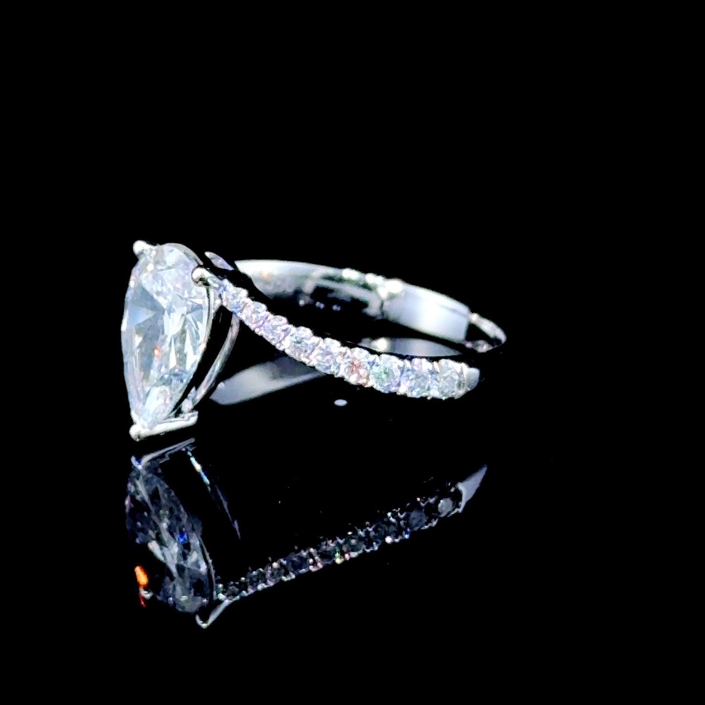18K White Gold Pear Diamond Ring with Diamonds to Shoulders GIA E Colour