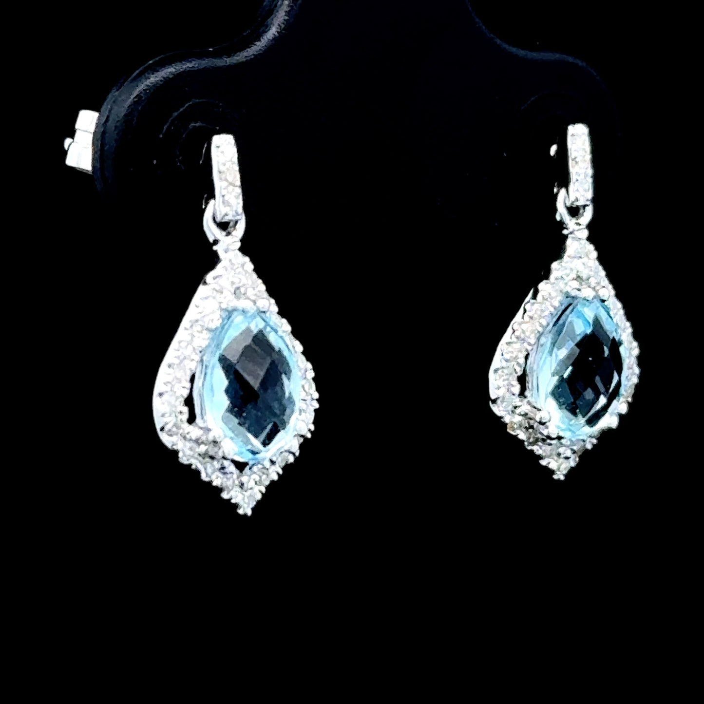 9K White Gold Aquamarine & Diamond Drop Studs