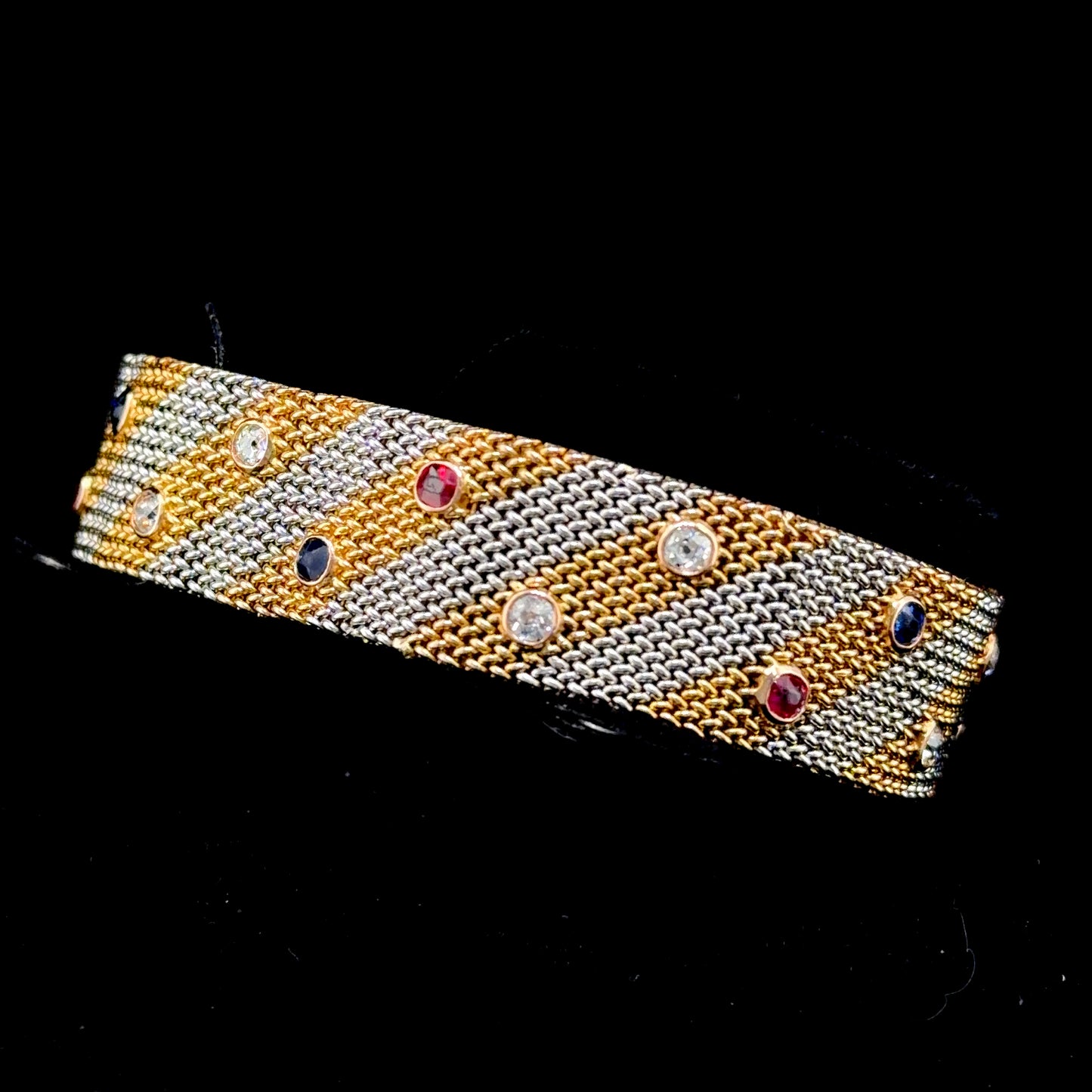 Fabulous 18k Two-Tone Yellow & White Gold Woven Mesh Ruby Diamond & Sapphire Bracelet D:1.2 R:0.6 S:0.6 CTS