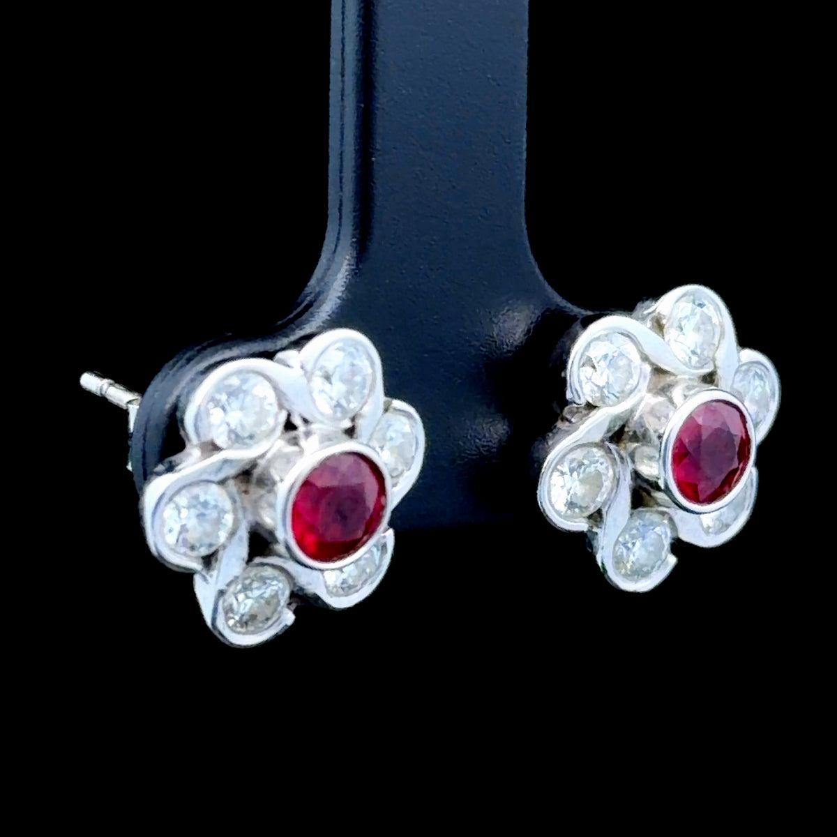 A Lovely Pair Of 18k White Gold Ruby & Diamond Cluster Stud Earrings Diamonds Appx. 0.8Cts & Rubies Appx. 0.5Cts Total