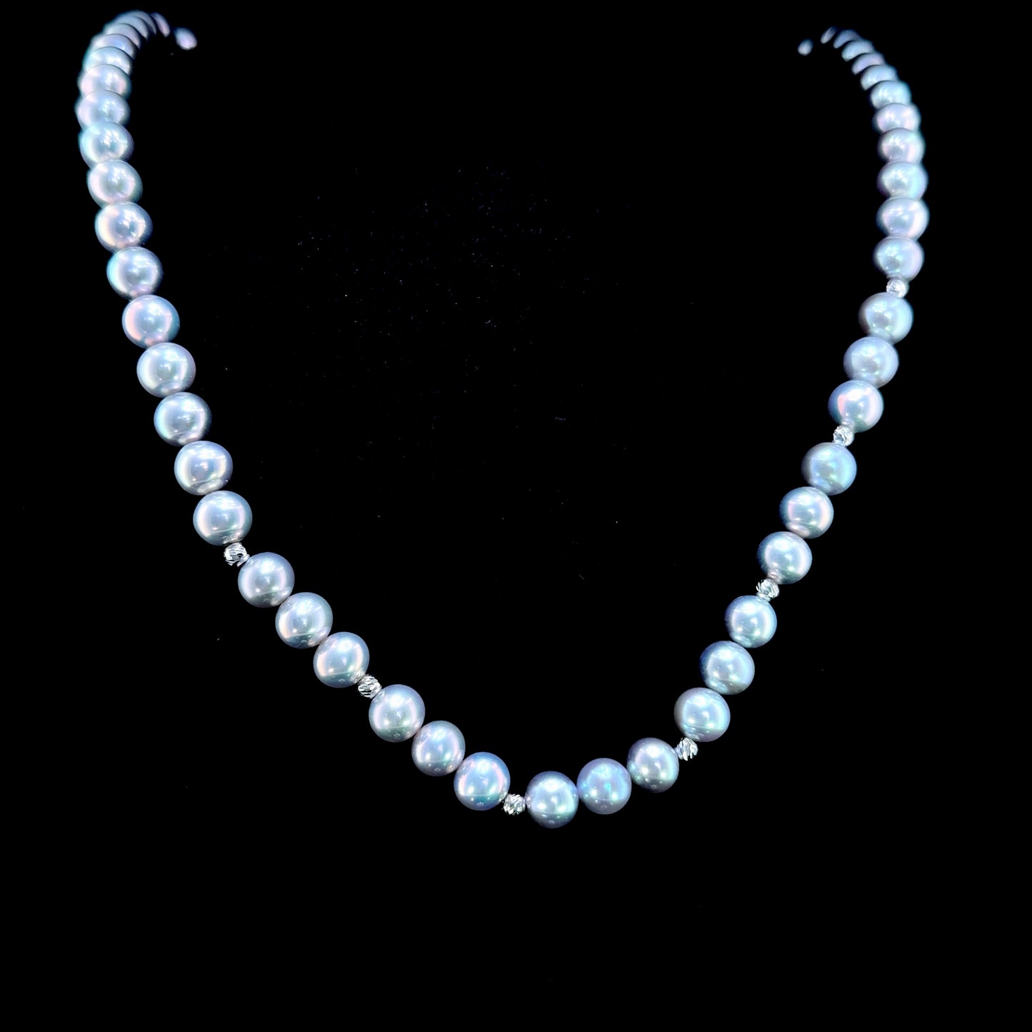 A Superb 9k White Gold Beaded Silver Pearl Necklace 18” Long