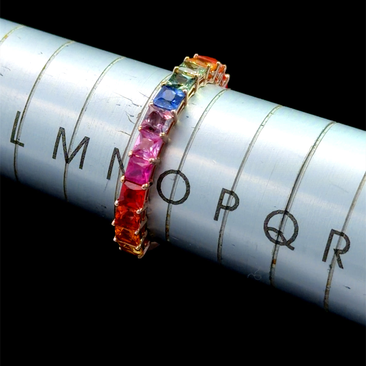 Very Pretty 14k Rose Gold Princess Cut Rainbow Sapphire Full Eternity Ring With Sizing Bar Appx 2.0 Cts Of Sapphires.