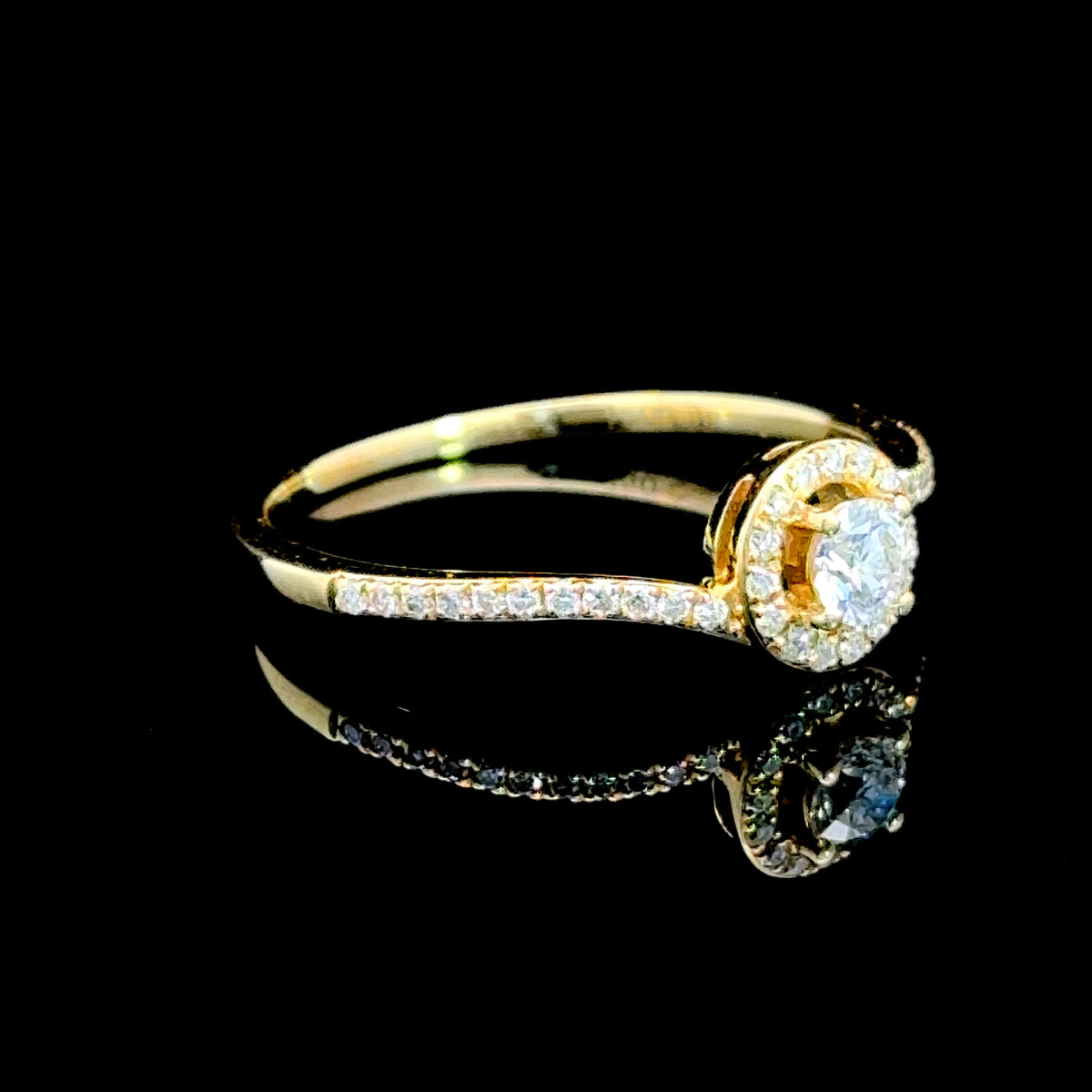 Pretty 18K Yellow Gold Diamond Halo Crossover Ring with Diamonds to Shoulders 0.28 CTS