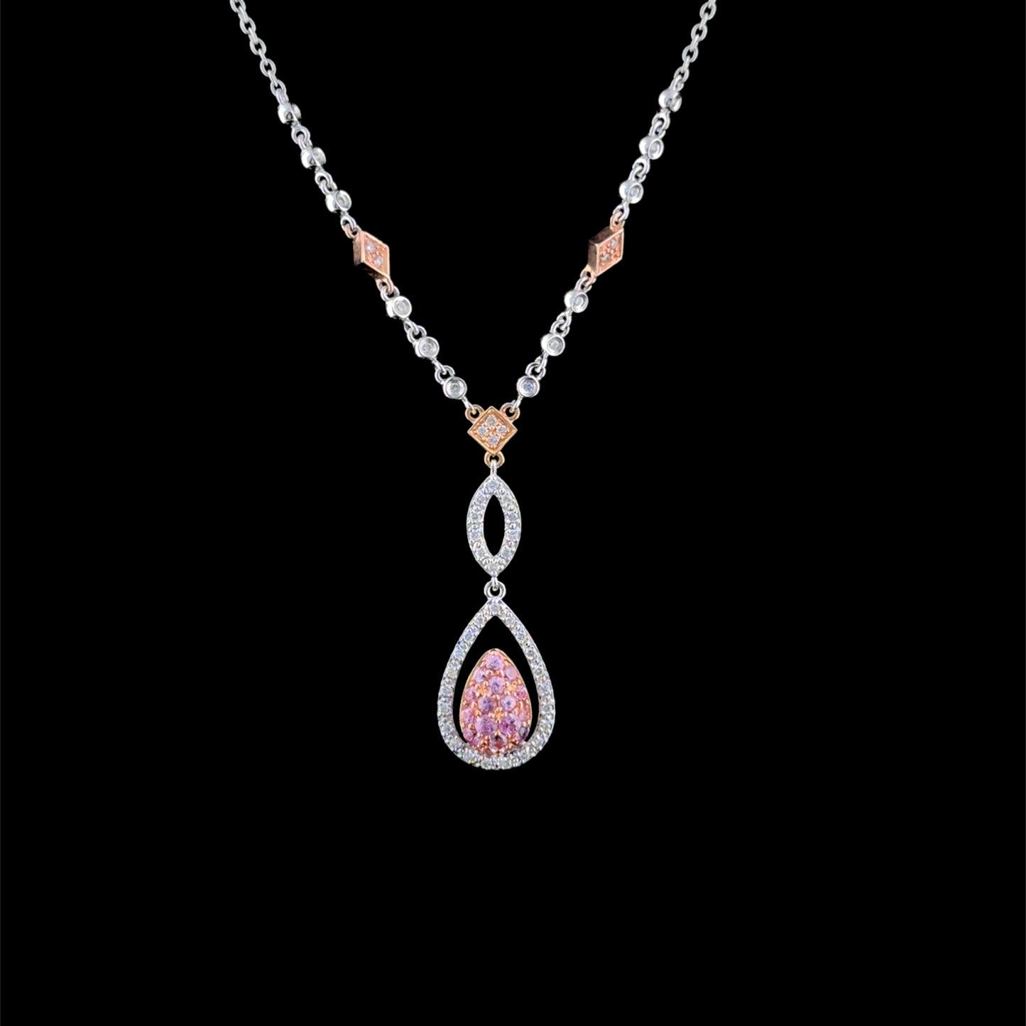 Sweet 14 k White & Rose Gold Diamond & Pink Sapphire Drop Pendant & Heart Earring Suite