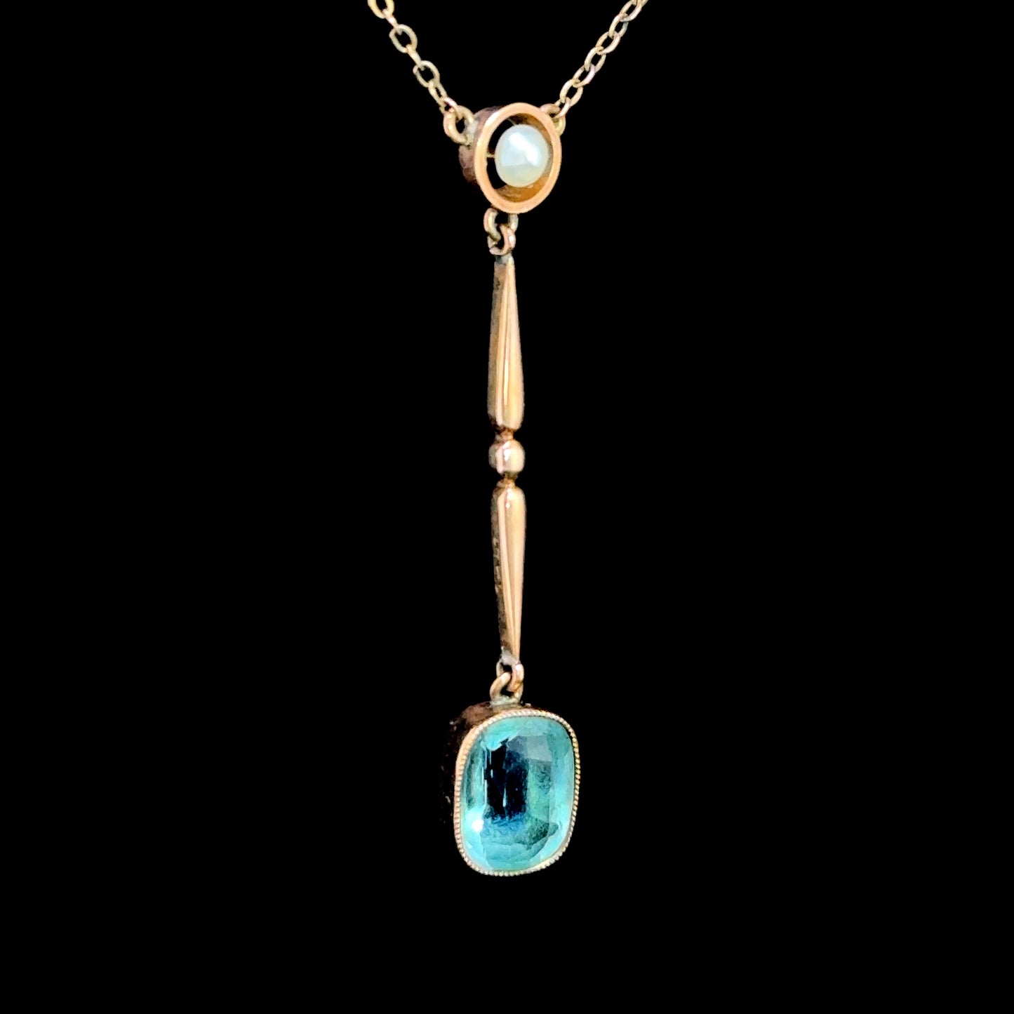 9K Yellow Gold Edwardian Pearl & Aquamarine Pendant & Chain