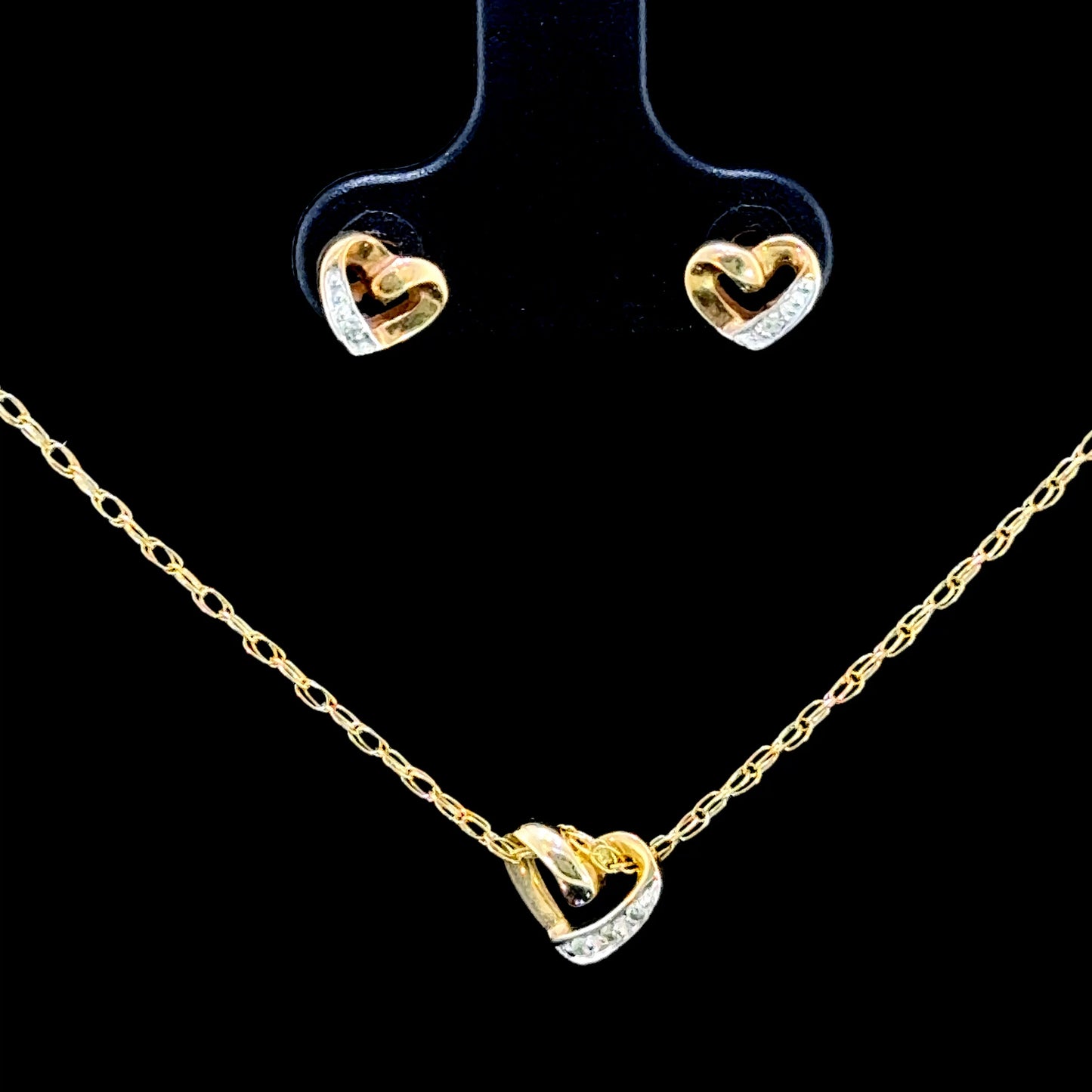 9K Yellow Gold Diamond Heart Pendant & Stud Earrings Set
