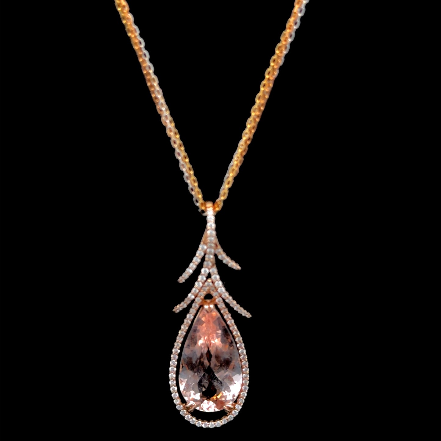 18k Yellow Gold Diamond Set Pear Morganite Pendant of 8.7 Cts including a Mixed Colour 18k White & Yellow Gold Chain