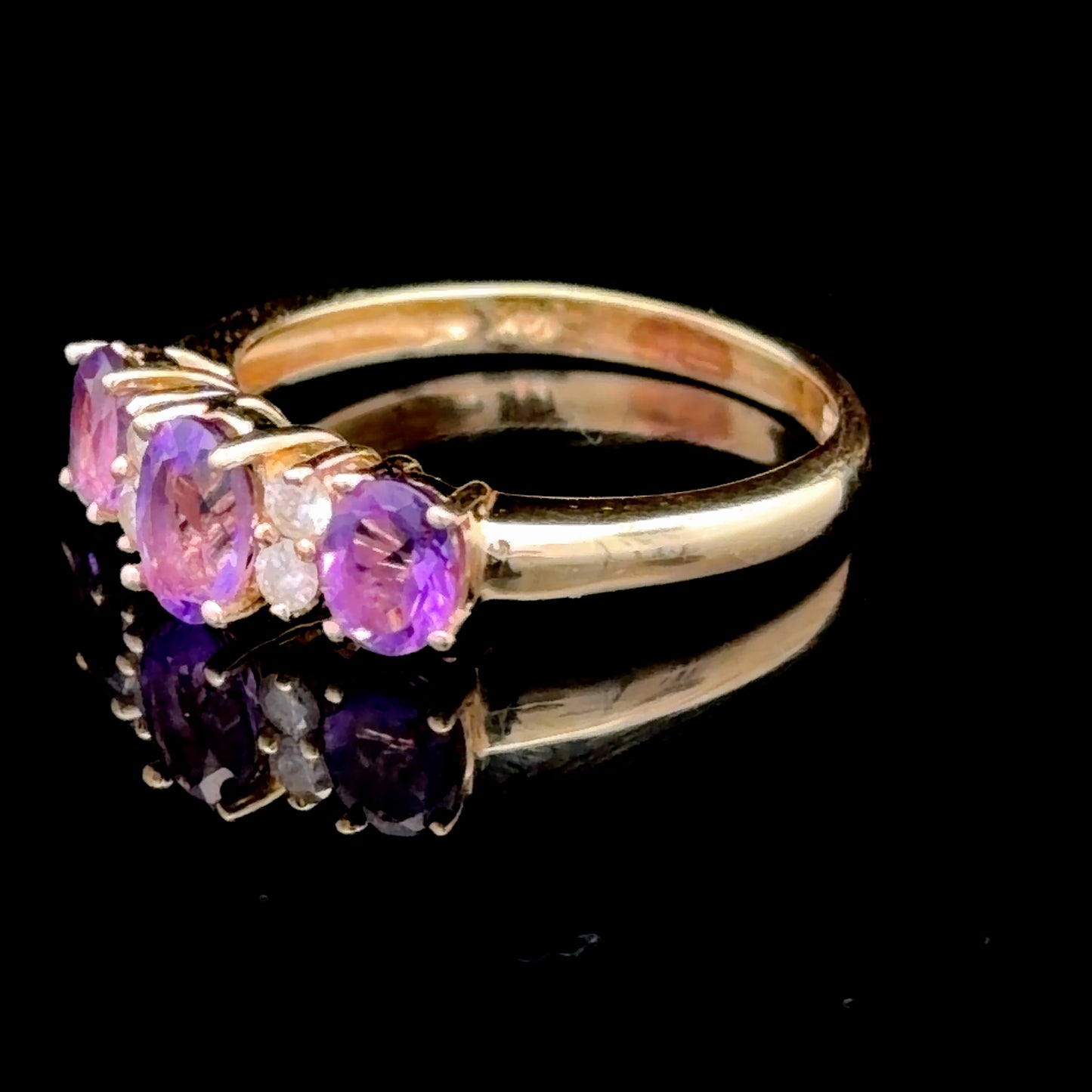 Lovely Traditional Amethyst & Diamond 3 stone Ring Set in 14k Yellow Gold