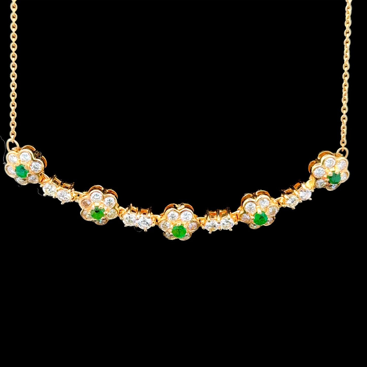 18k Yellow Gold Diamond & Emerald Necklace Appx 1.8cts Diamonds 0.5 cts Emeralds