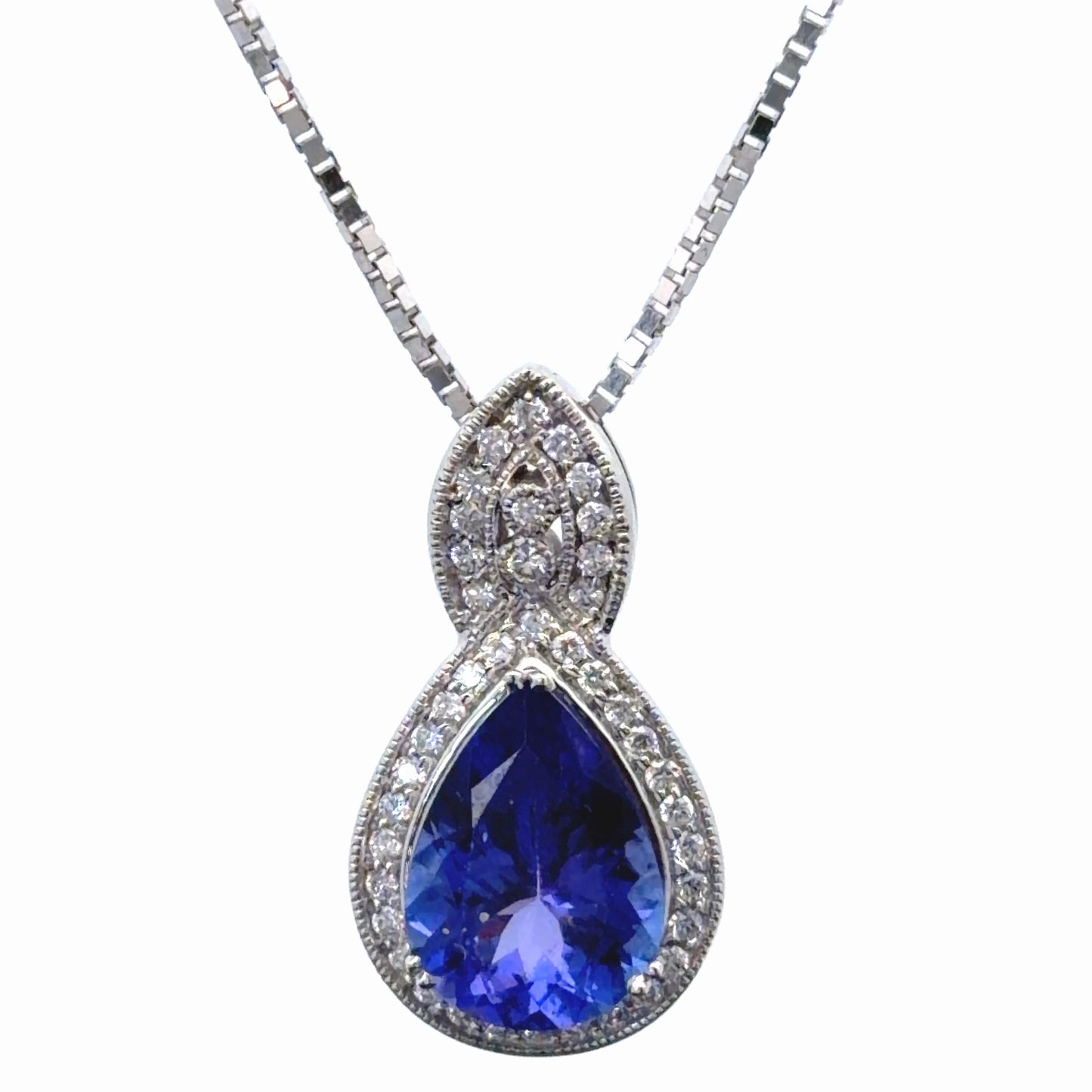 14k White Gold Tanzanite & Diamond Pendant & Chain Appx. T:3.0 D:0.76 CTS
