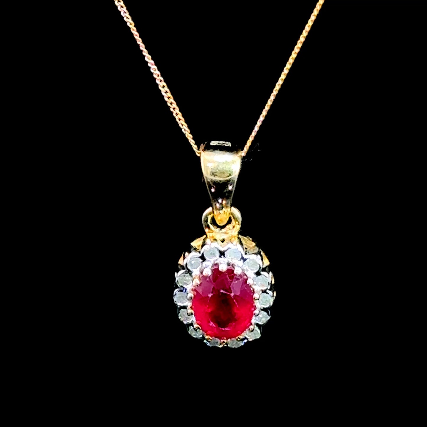 9K Yellow Gold Ruby & Diamond Pendant & Chain
