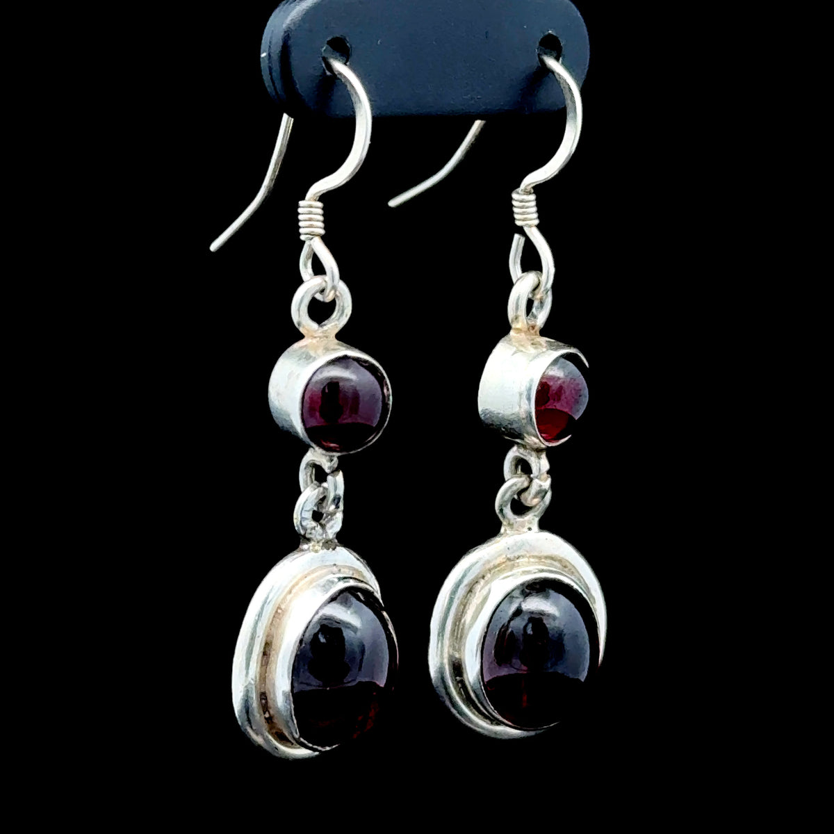 Silver Cabachon Garnet Drop Hook Earrings