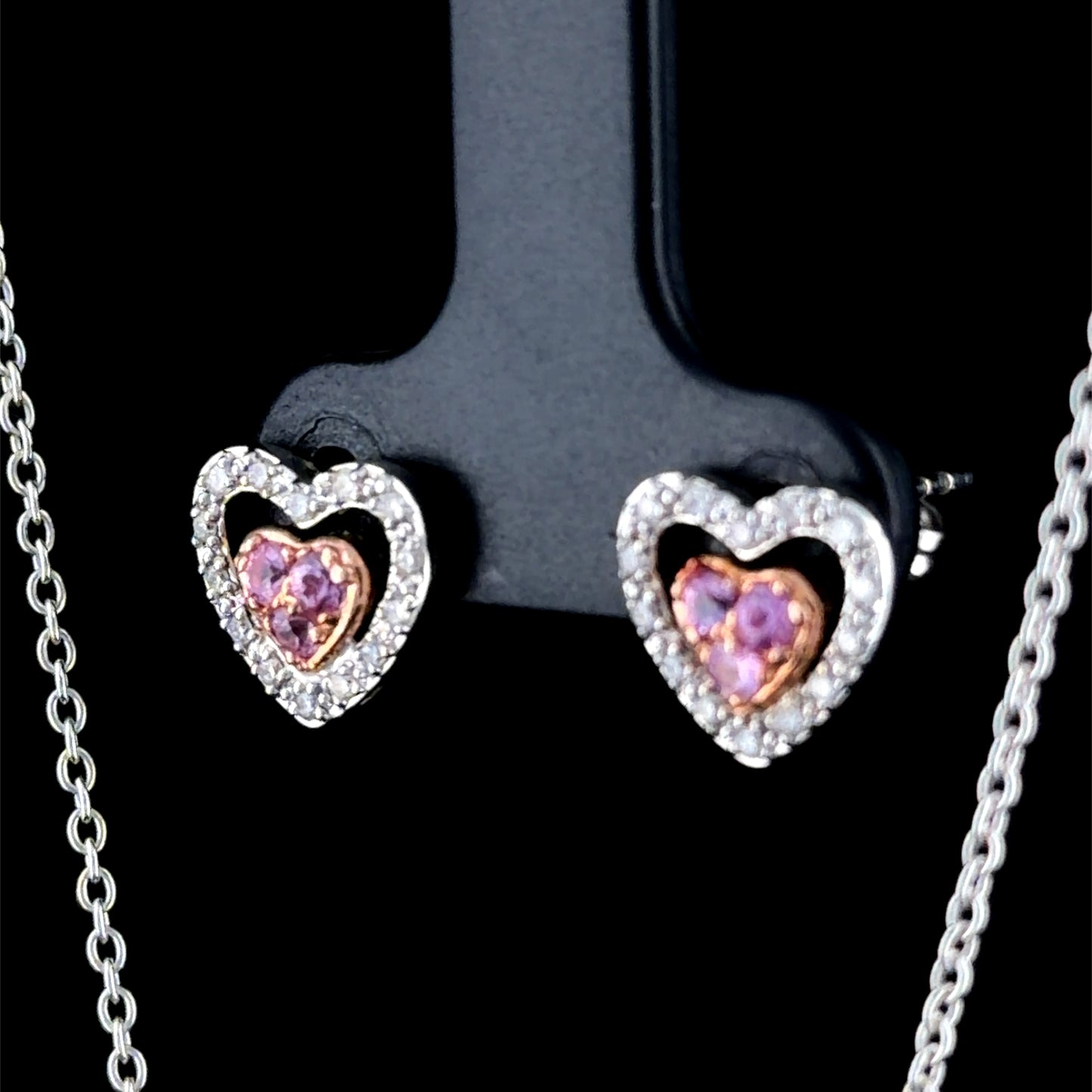 Sweet 14 k White & Rose Gold Diamond & Pink Sapphire Drop Pendant & Heart Earring Suite