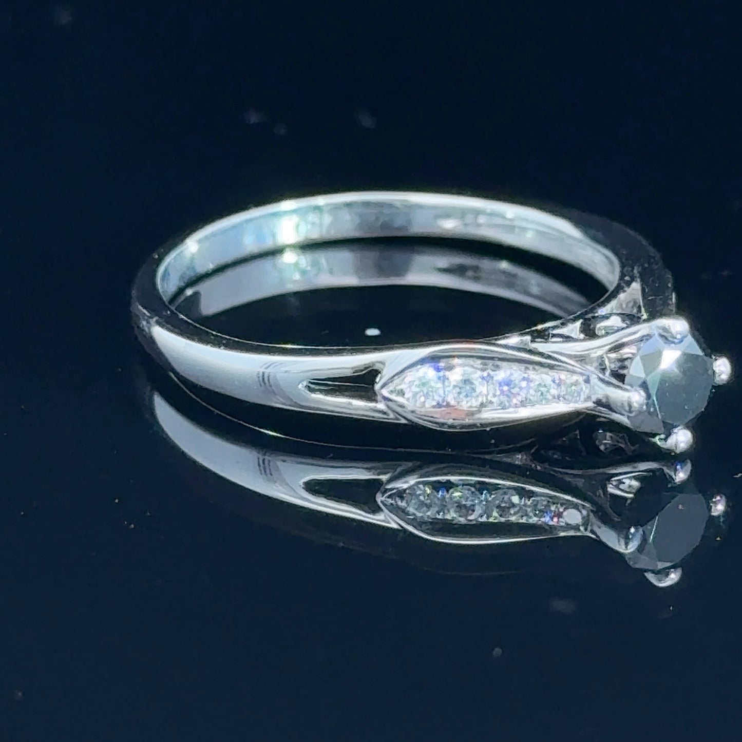 18K White Gold Black Diamond Solitaire Ring With Diamond Shoulders