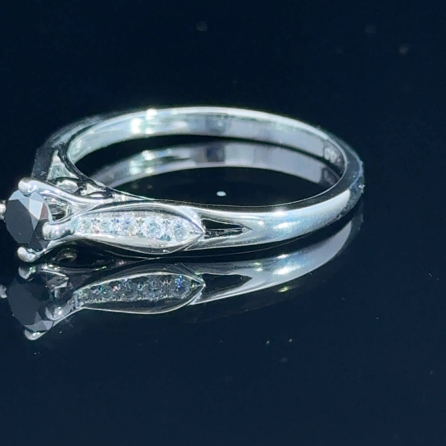 18K White Gold Black Diamond Solitaire Ring With Diamond Shoulders