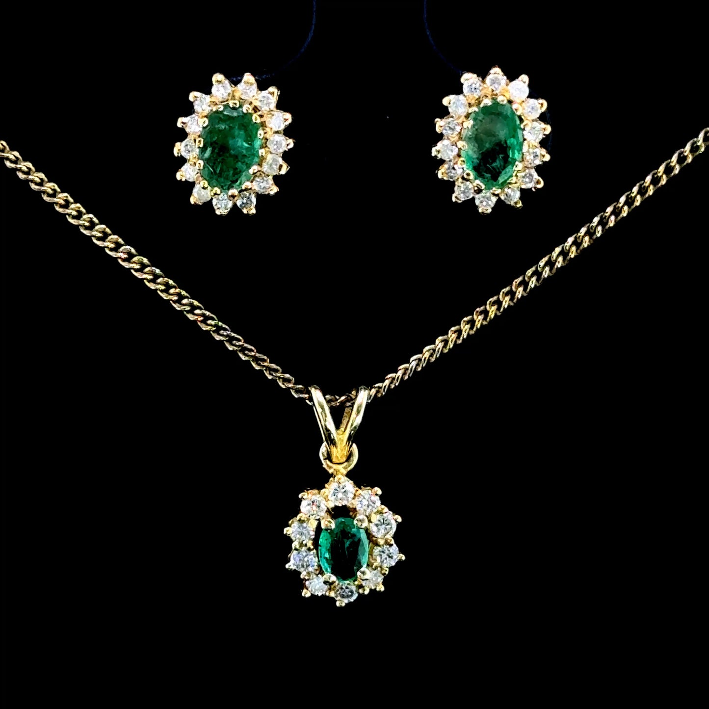 18K Yellow Gold Emerald & Diamond Cluster Studs & Pendant Set