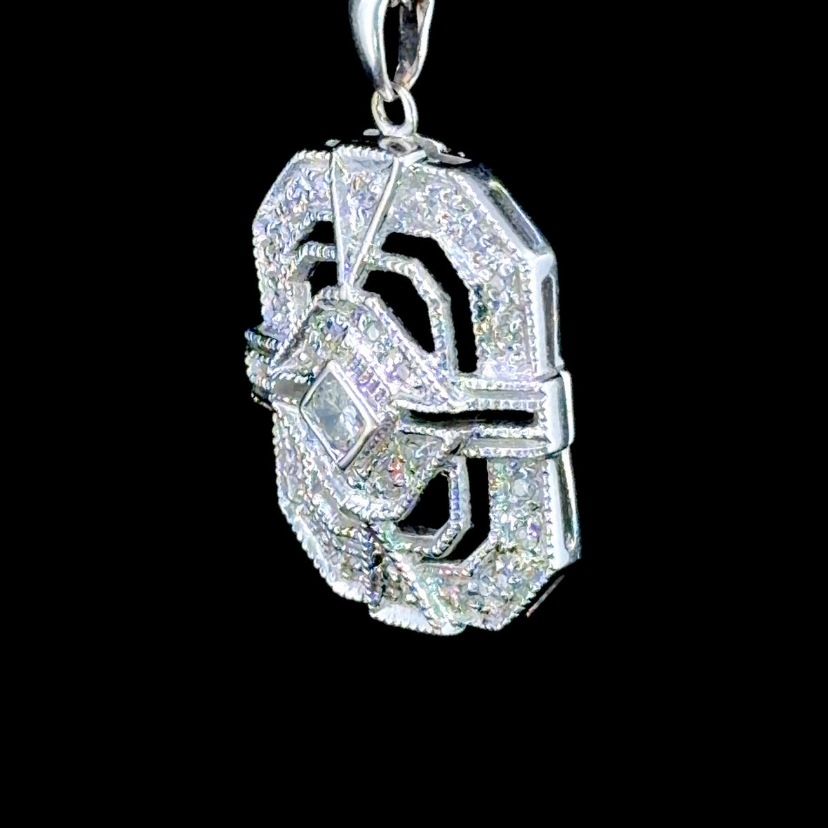 Fabulous 18K White Gold Diamond Deco Style Rectangular Pendant on a Curb Chain 18" APPX 0.5 CTS