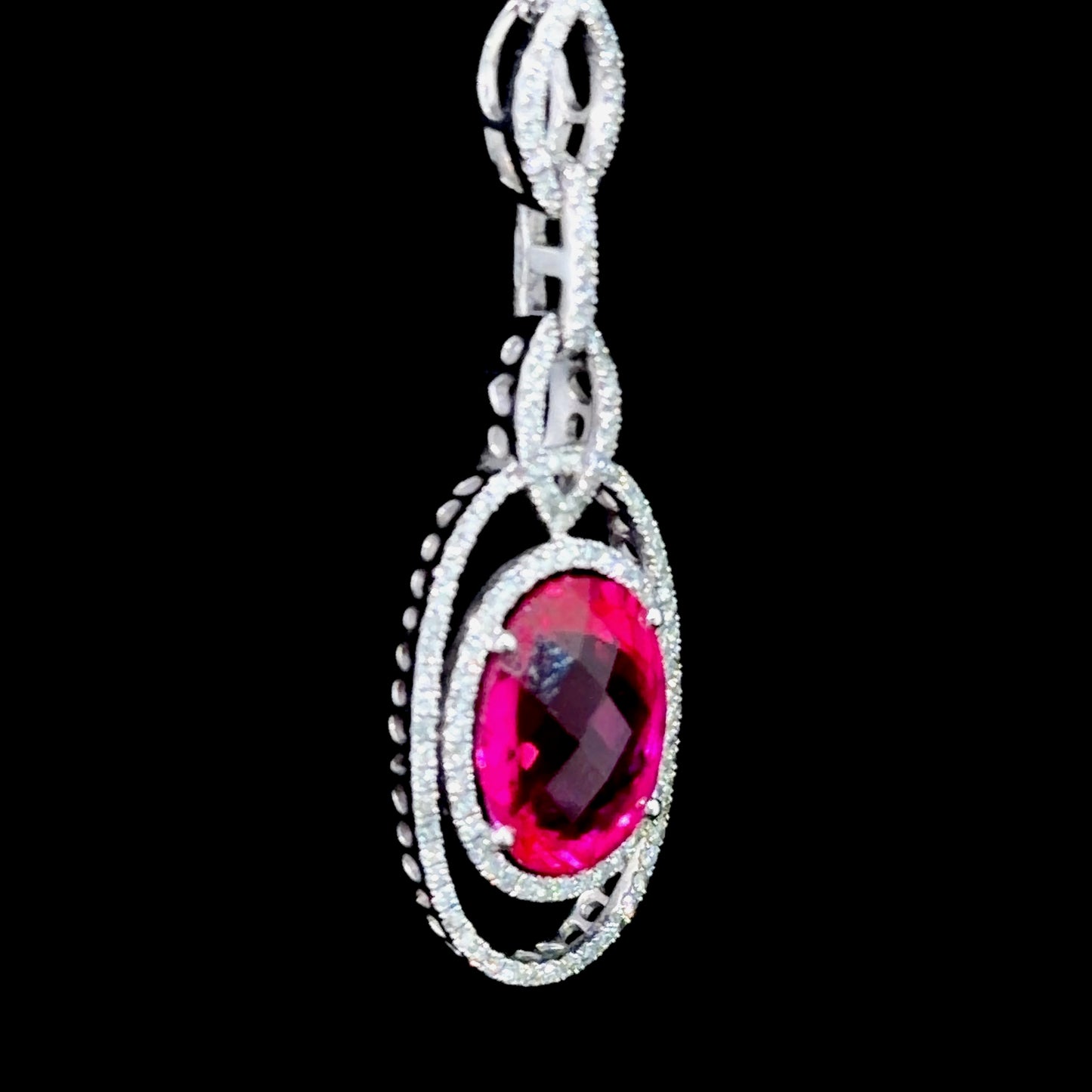 14K White Gold Pink Spinel  & Diamond Drop Pendant & Chain