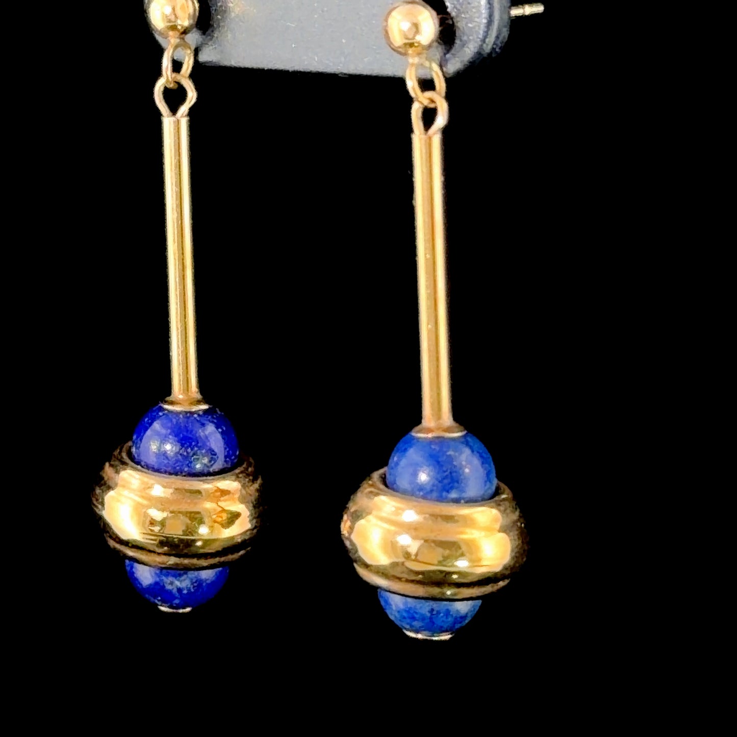 Vintage 9k Yellow Gold Lapis Lazuli Bar Drop Earrings