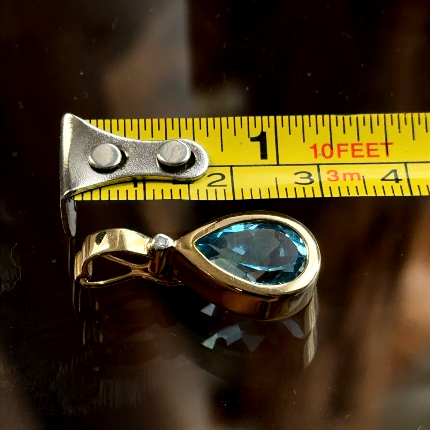Beautiful 14k Yellow Gold Bezel Set Blue Topaz Pear & Diamond Pendant (Pendant Only)