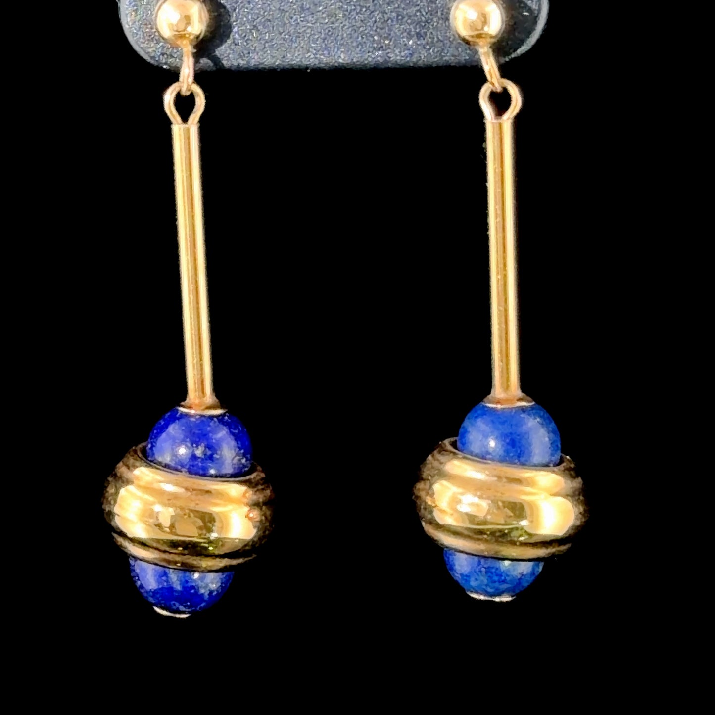 Vintage 9k Yellow Gold Lapis Lazuli Bar Drop Earrings