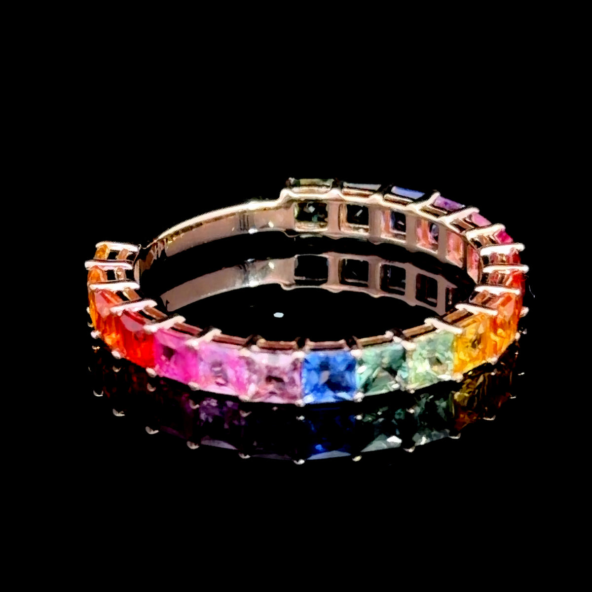 Very Pretty 14k Rose Gold Princess Cut Rainbow Sapphire Full Eternity Ring With Sizing Bar Appx 2.0 Cts Of Sapphires.
