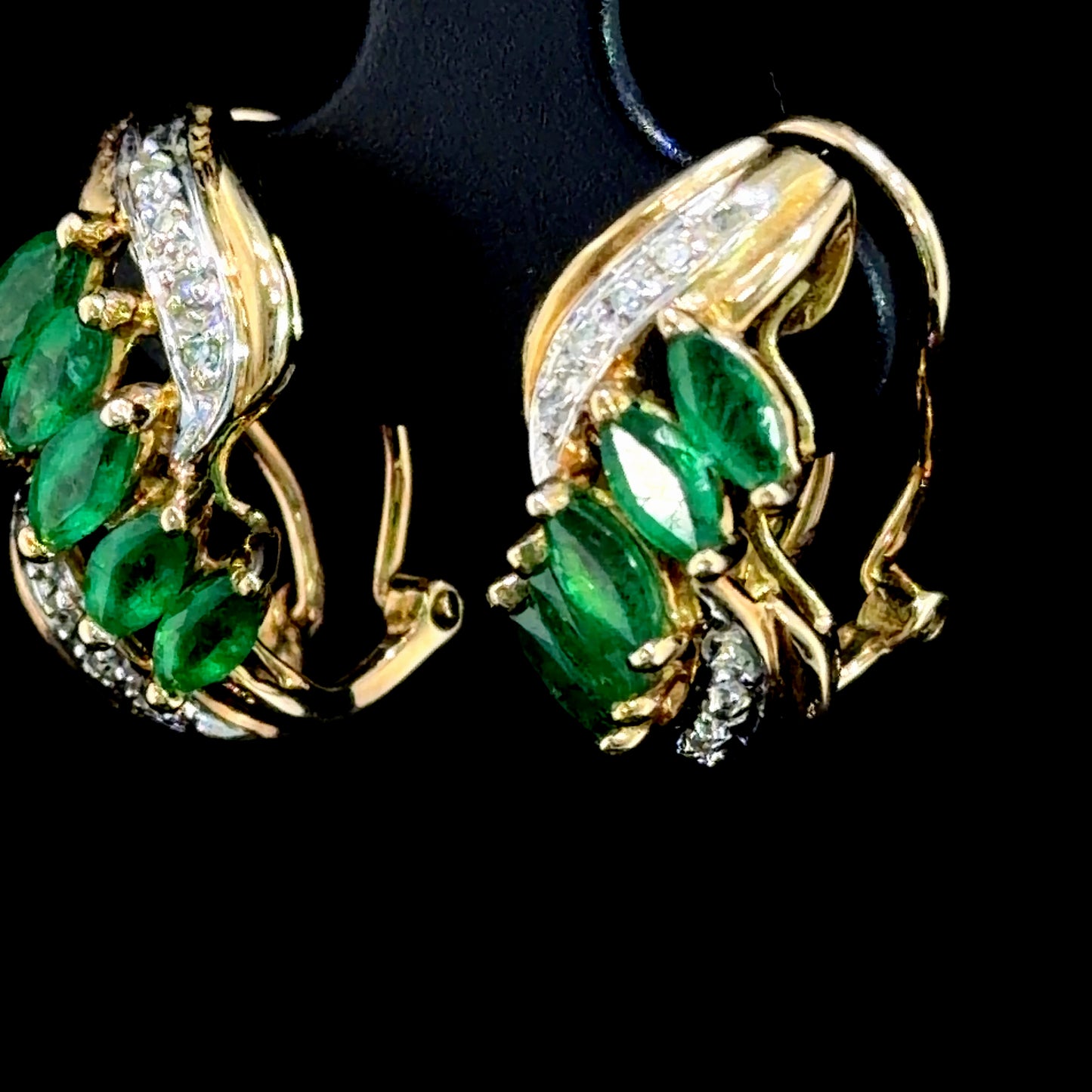 Stunning 9k Yellow Gold Emerald & Diamond Omega Clip Earrings