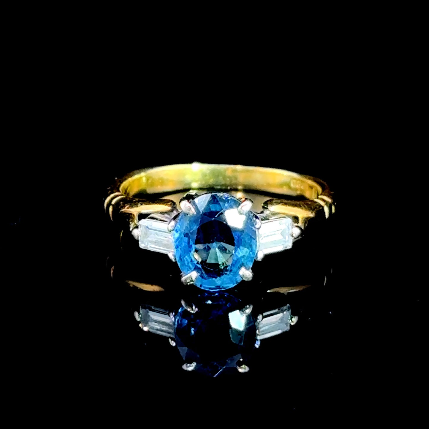 18K Yellow Gold & White Gold Sapphire & Baguette Diamond Trilogy Ring CERTIFIED S: 1.60 CTS D: 0.28 CTS