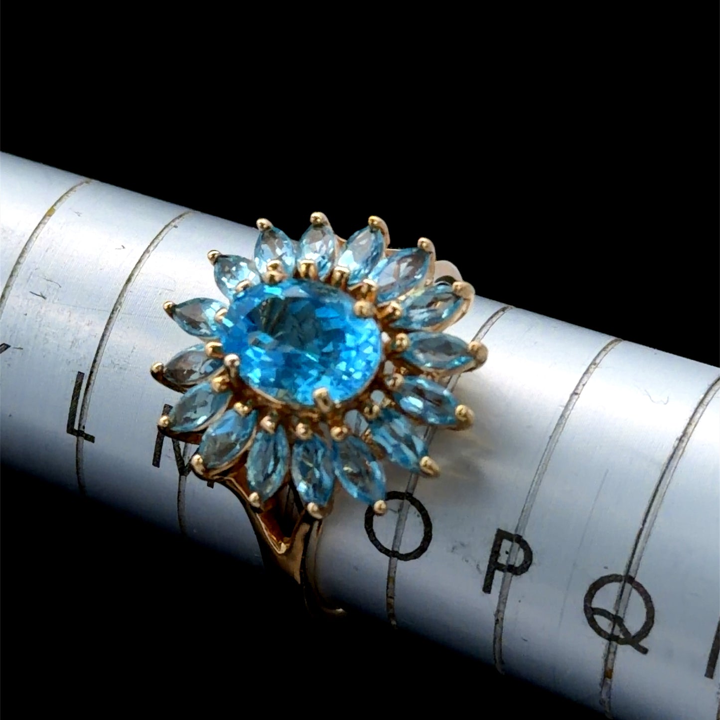 Blue Topaz Floral Cluster Cocktail Ring in 14k Yellow Gold