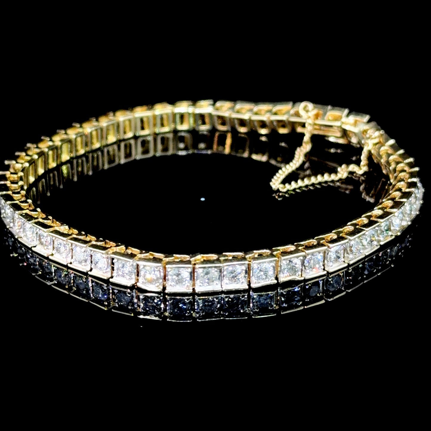 Splendid 14k Yellow Gold Round Cut Diamond Square Link Tennis Bracelet with Safety Chain Appx 4Cts