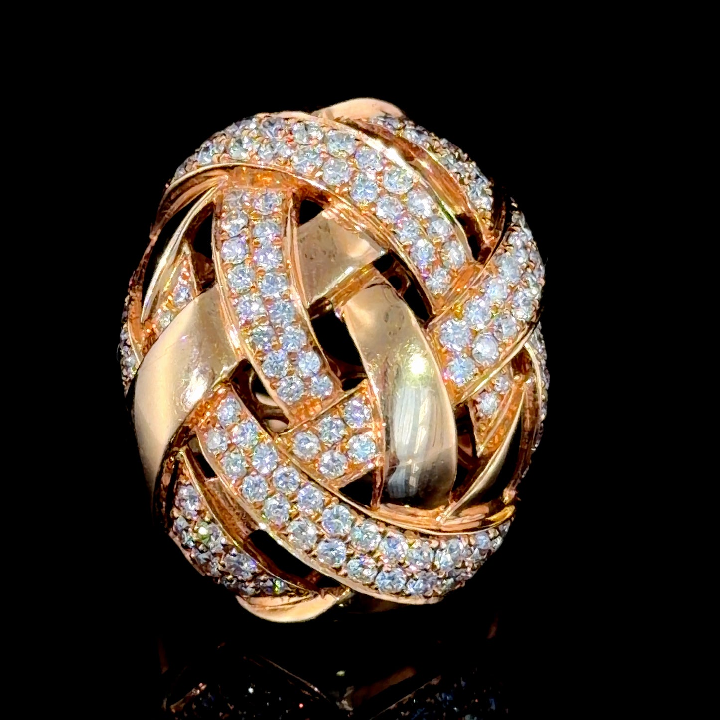 Stunning 18k Rose Gold Pave Diamond Woven Knot Ring By LTJ Hong Kong 125 Diamonds Appx 2.5 Cts