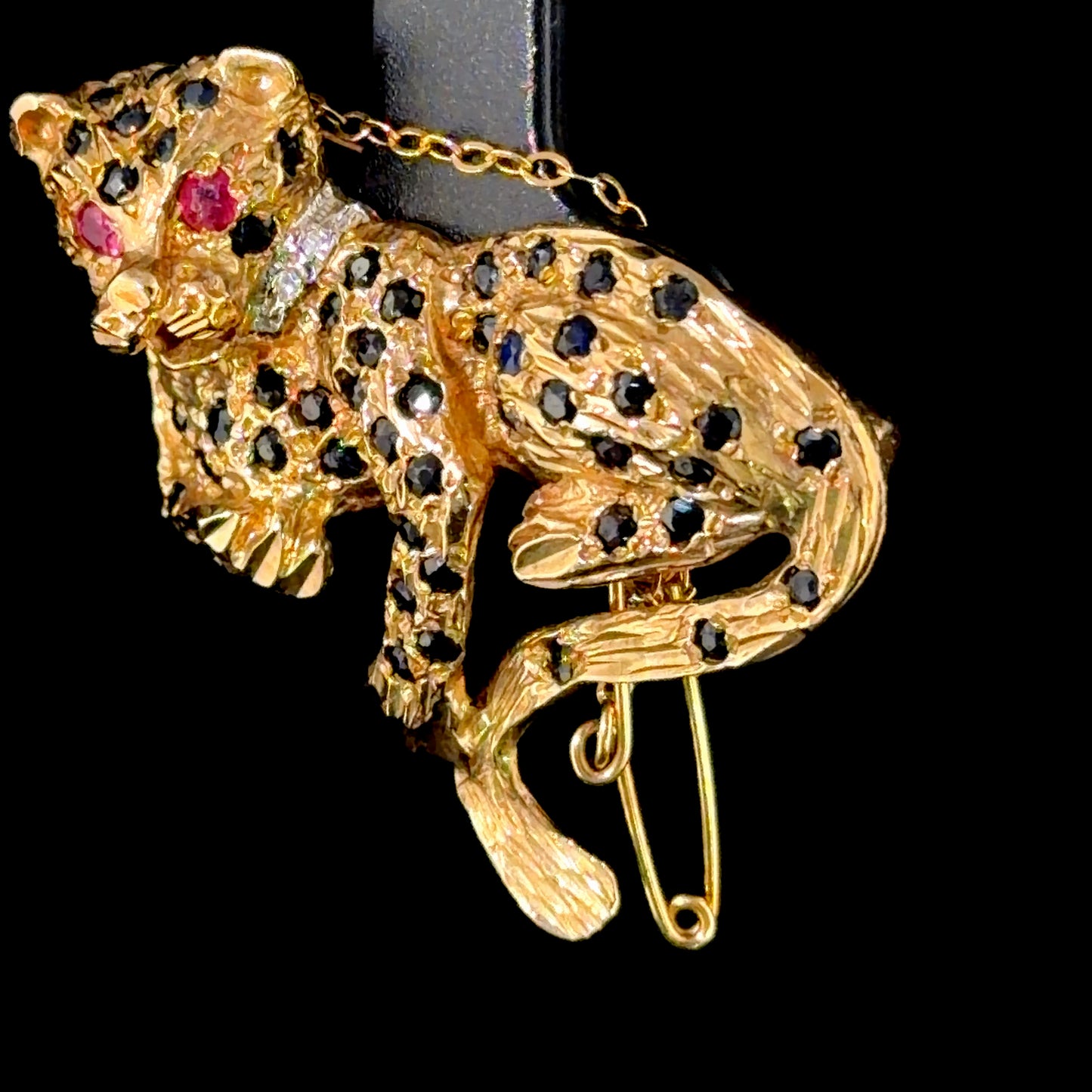 Vintage 9k Yellow Gold Ruby Diamond & Sapphire Brooch In The Form Of A Leopard