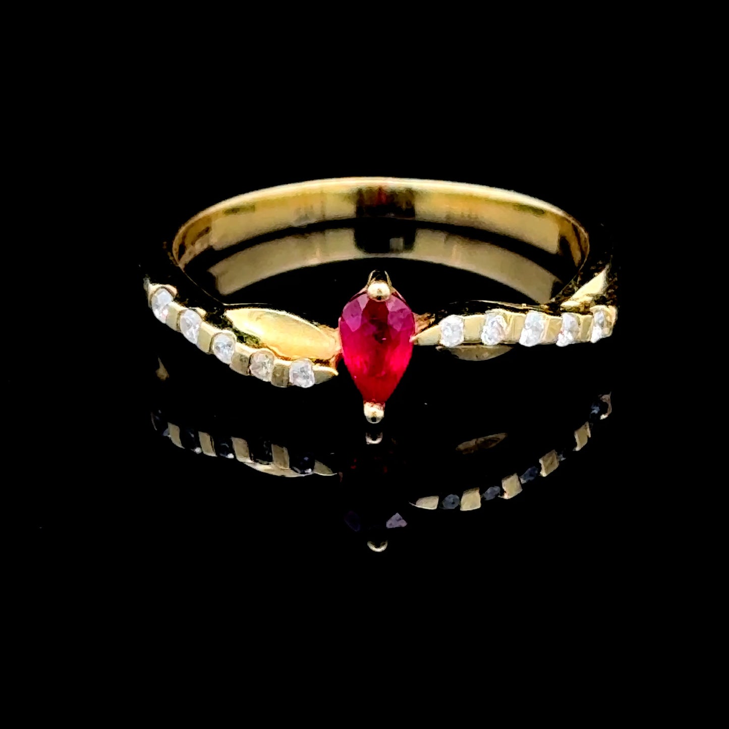 18K Yellow Gold Pear Ruby & Diamond Crossover Ring