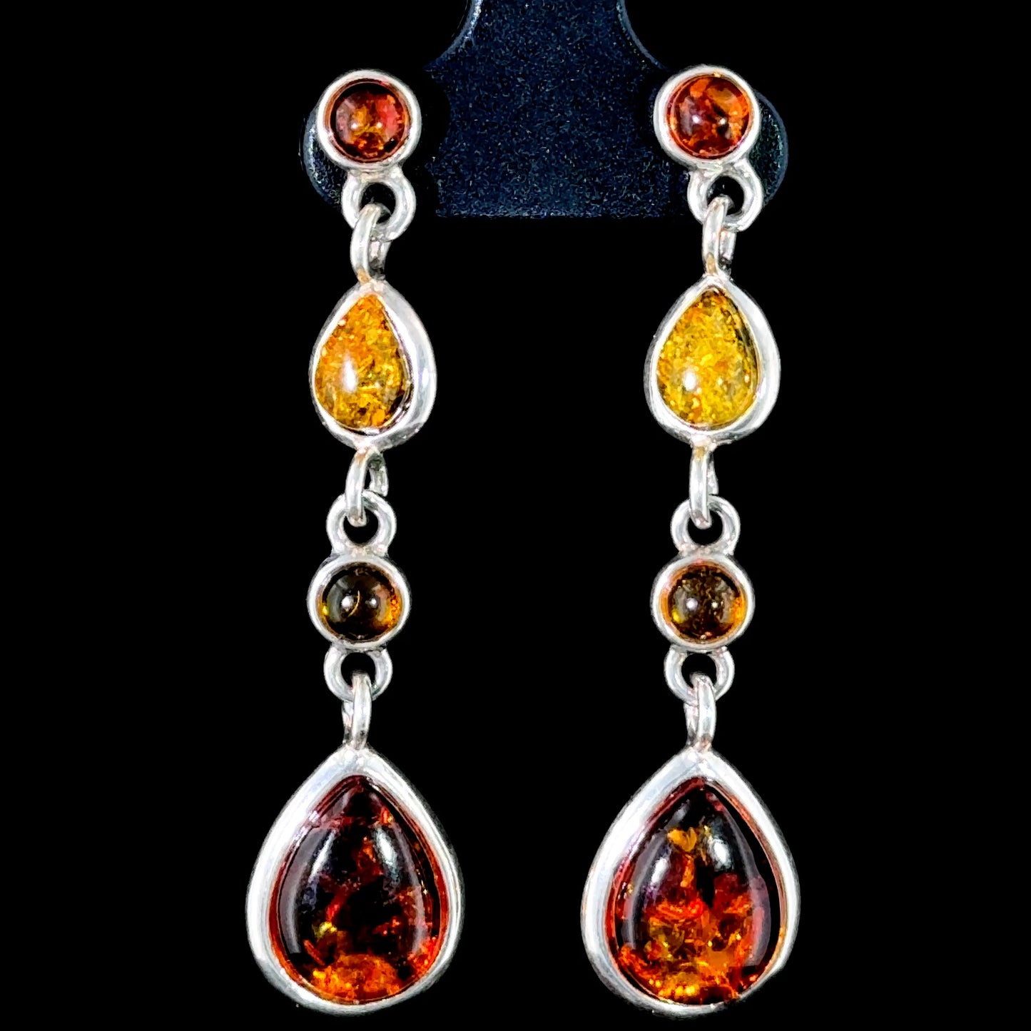 Lovely Silver & Pear Amber Drop Stud Earrings