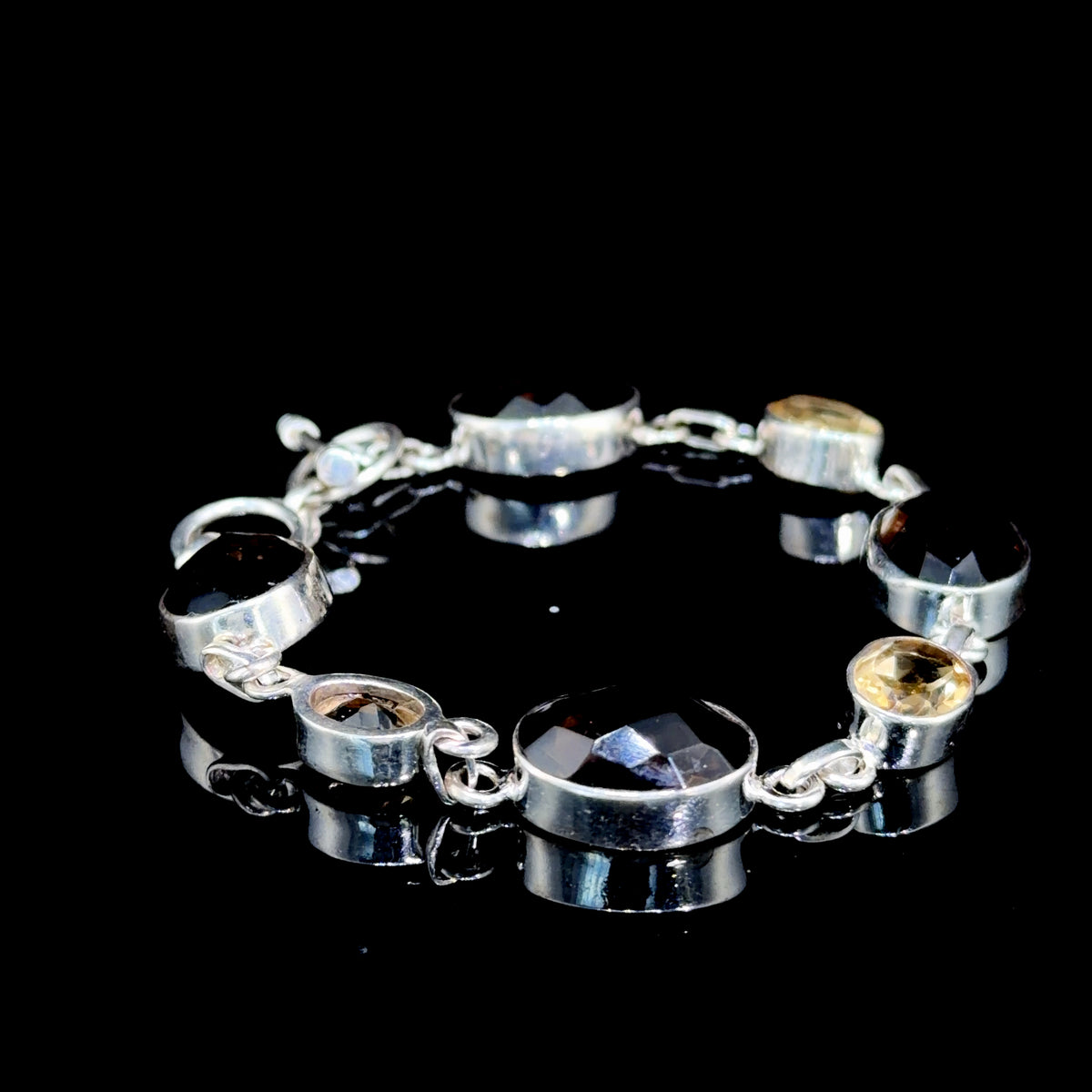 Very Pretty Silver Smokey Quartz & Citrine Bracelet With T Bar Clasp