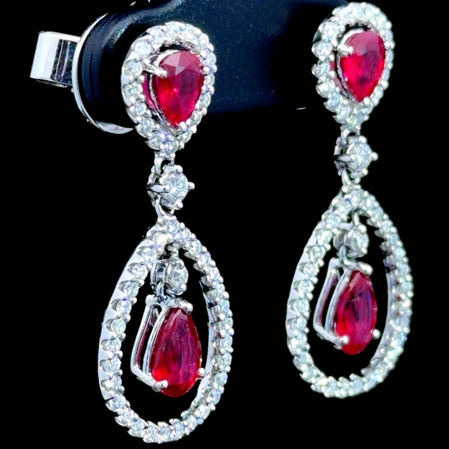 18k White Gold Ruby & Diamond Pear Halo Drop Stud Earrings Appx 1ct Diamonds RRP £4.5k
