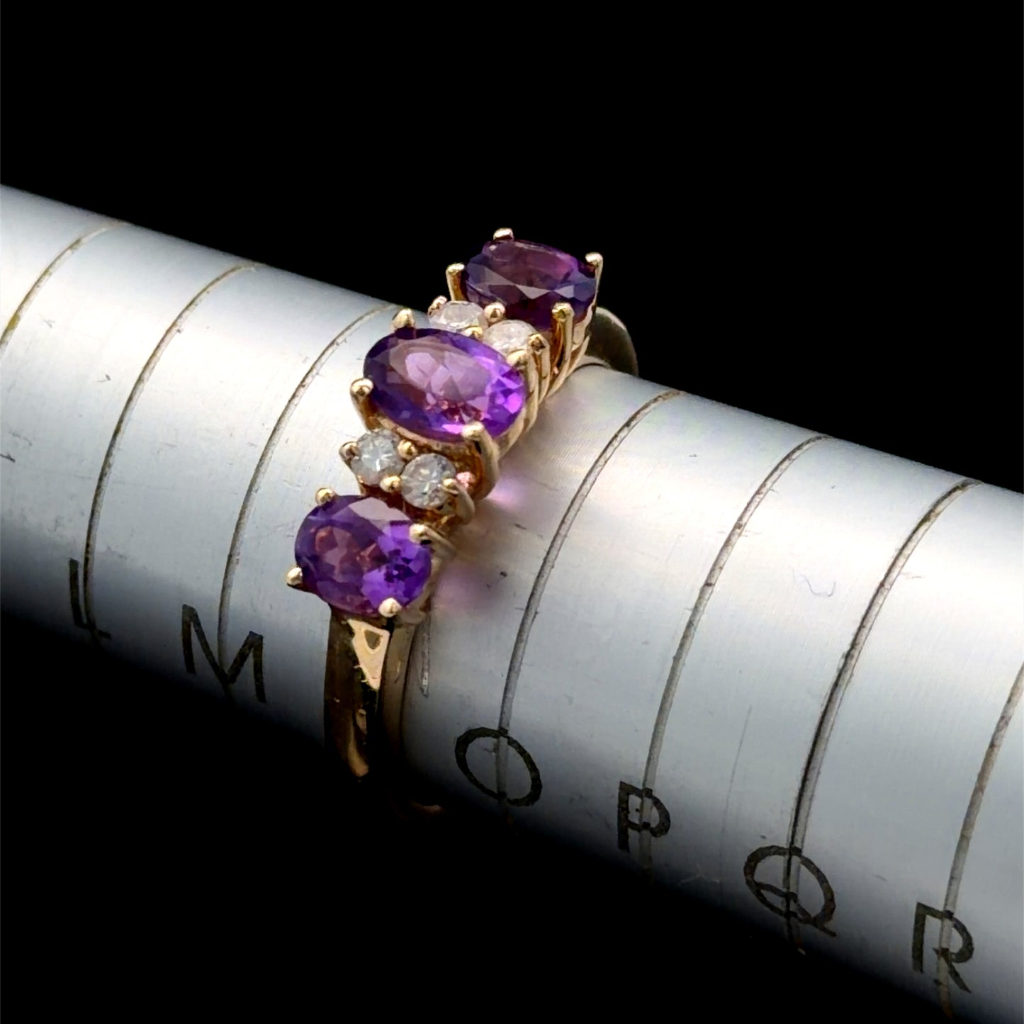 Lovely Traditional Amethyst & Diamond 3 stone Ring Set in 14k Yellow Gold
